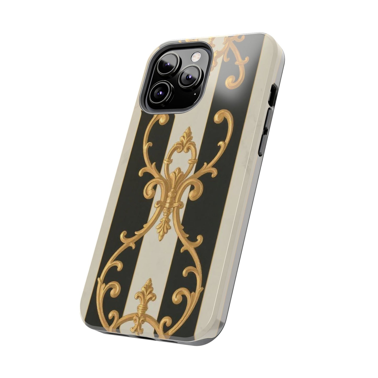 Elegant Black & Alabaster Striped Baroque Tough Phone Cases - Chic Protection, Black Gold Decor, Stylish Accessory, Gift for Her, Trendy Tech