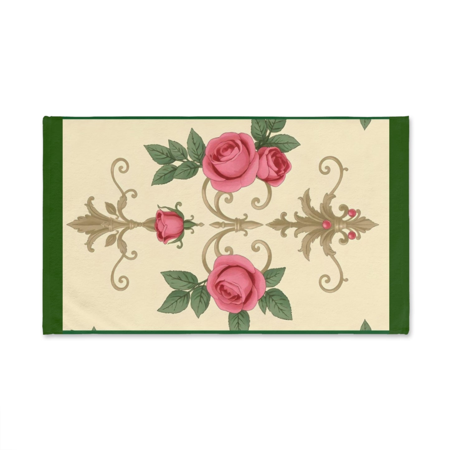 Luxurious Ornate Hand Towel - Elegant Home Décor - Green Border Roses & Damask