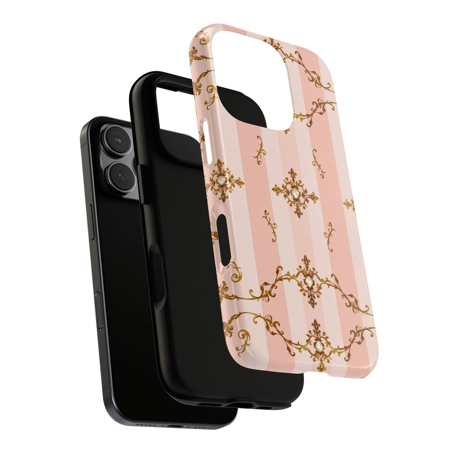 Elegant Floral Phone Case, Tough Cases for Women, Trendy Phone Cover, Chic Gift - Pink Jeweled Striped Gold Baroque