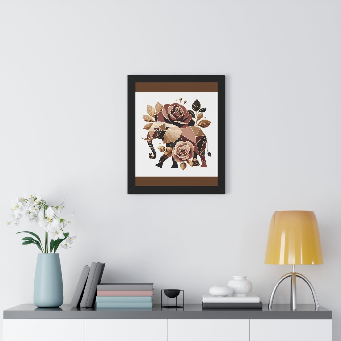 Vertical Poster - Brown & Gold Elephant & Roses Wall Art
