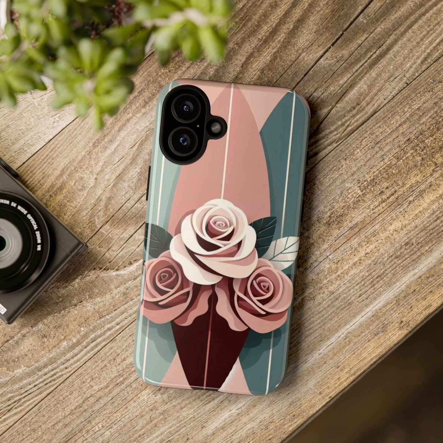 Phone Case - Burgundy, Matte Mauve & Teal Surfboard & Roses Design