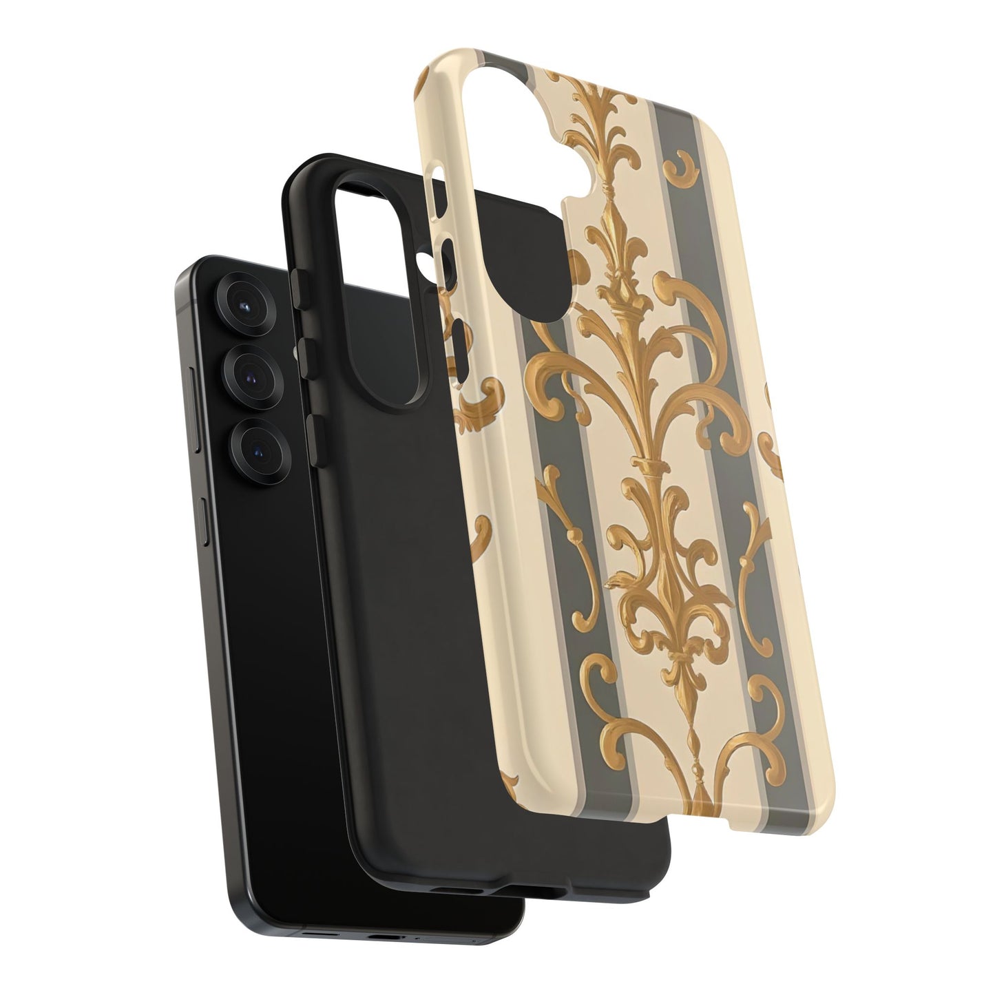Elegant Floral Motif Phone Case - Tough Cases with Vintage Design - Dusk Olive Striped Gold Damask