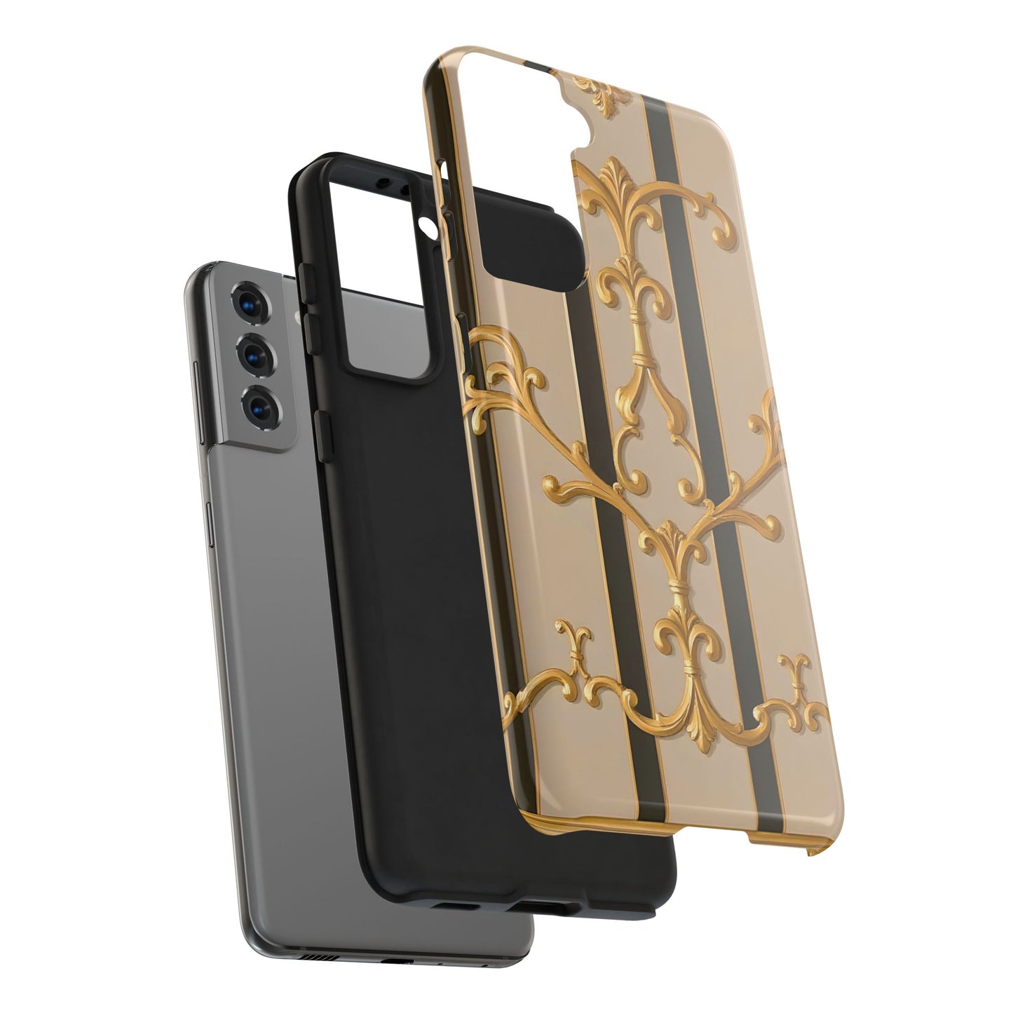 Elegant Vintage Tough Phone Case, Stylish Phone Cover, Boho Accessories, Perfect Gift for Her - Beige Striped Gold Rococo