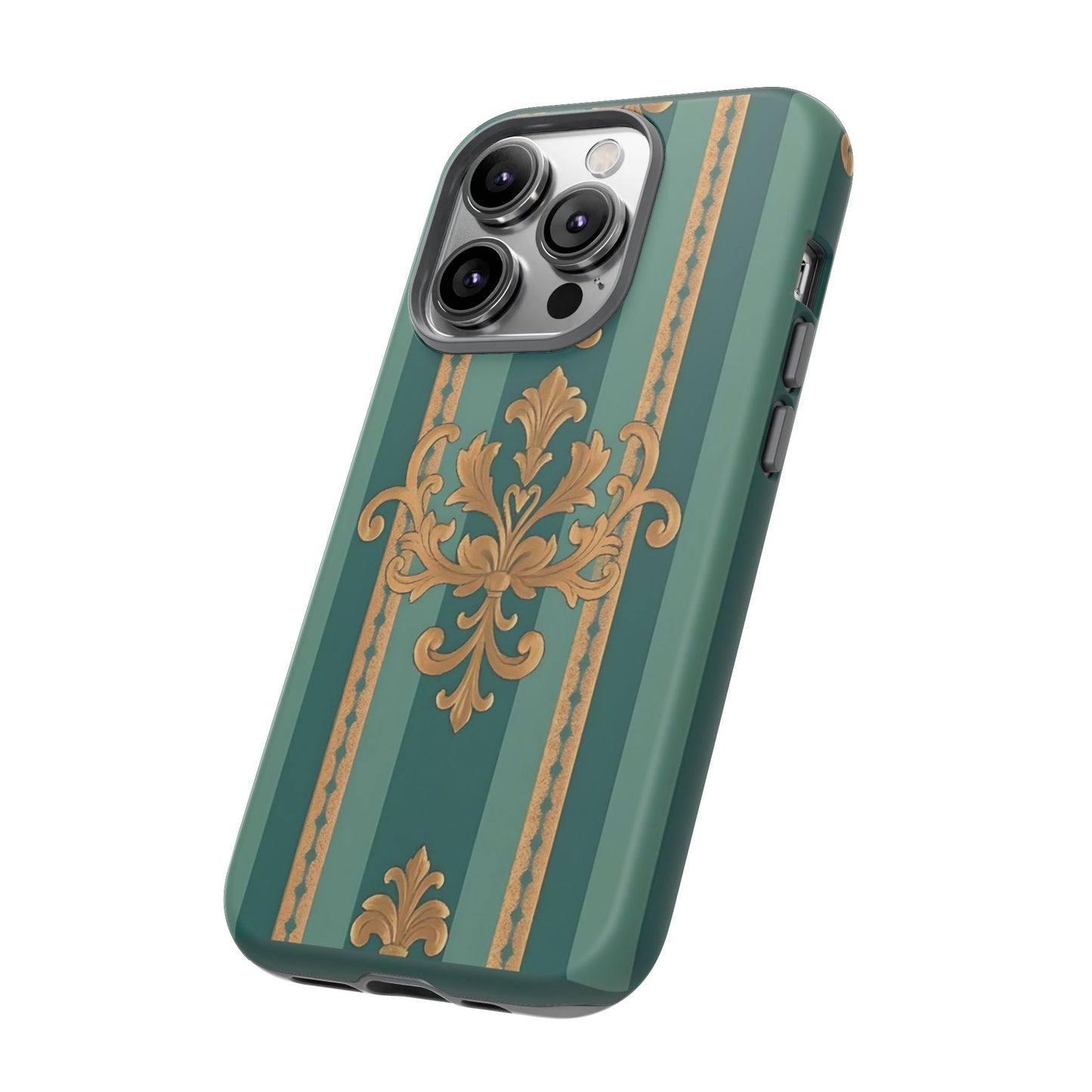 Elegant Floral Motif Phone Case - Tough Cases with Vintage Design - Teal Striped Gold Damask