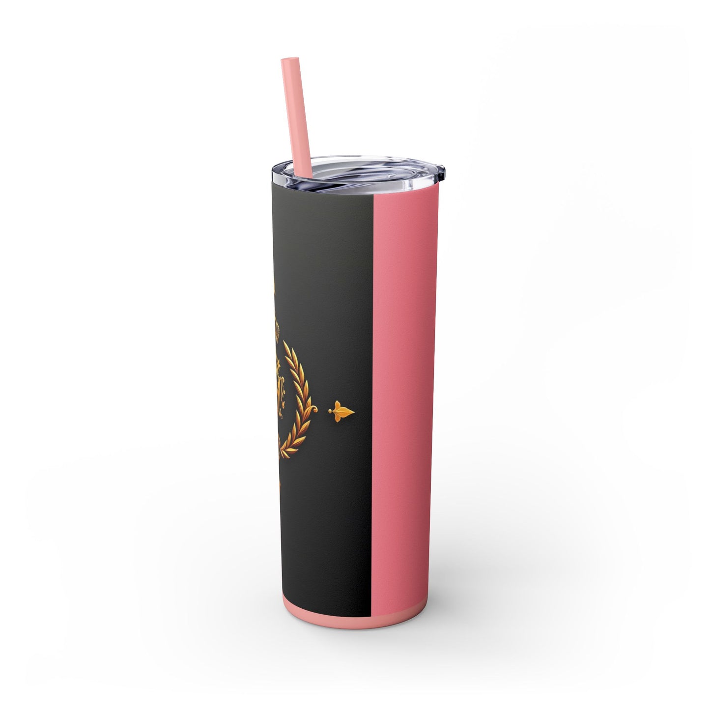 Elegant Royal Themed Skinny Tumbler, Chic Drinkware for Parties, Daily Hydration, Gifts for Her, Travel Mug, Reusable Straw - Pink Striped Gold Crest