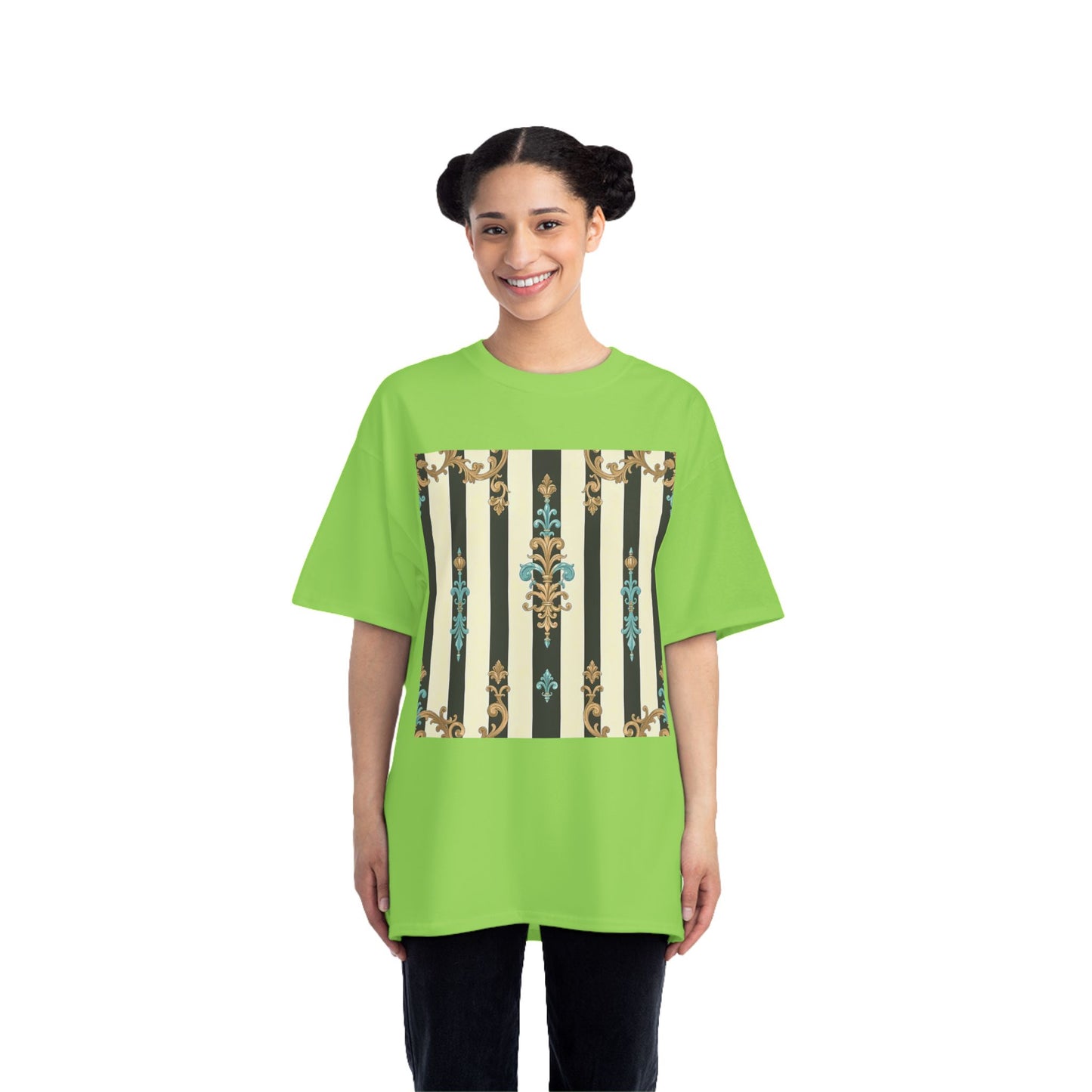 Elegant Floral Pattern Tee, Vintage Style T-Shirt, Gift for Her, Casual Outfit - Black Striped Turquoise & Black Rococo