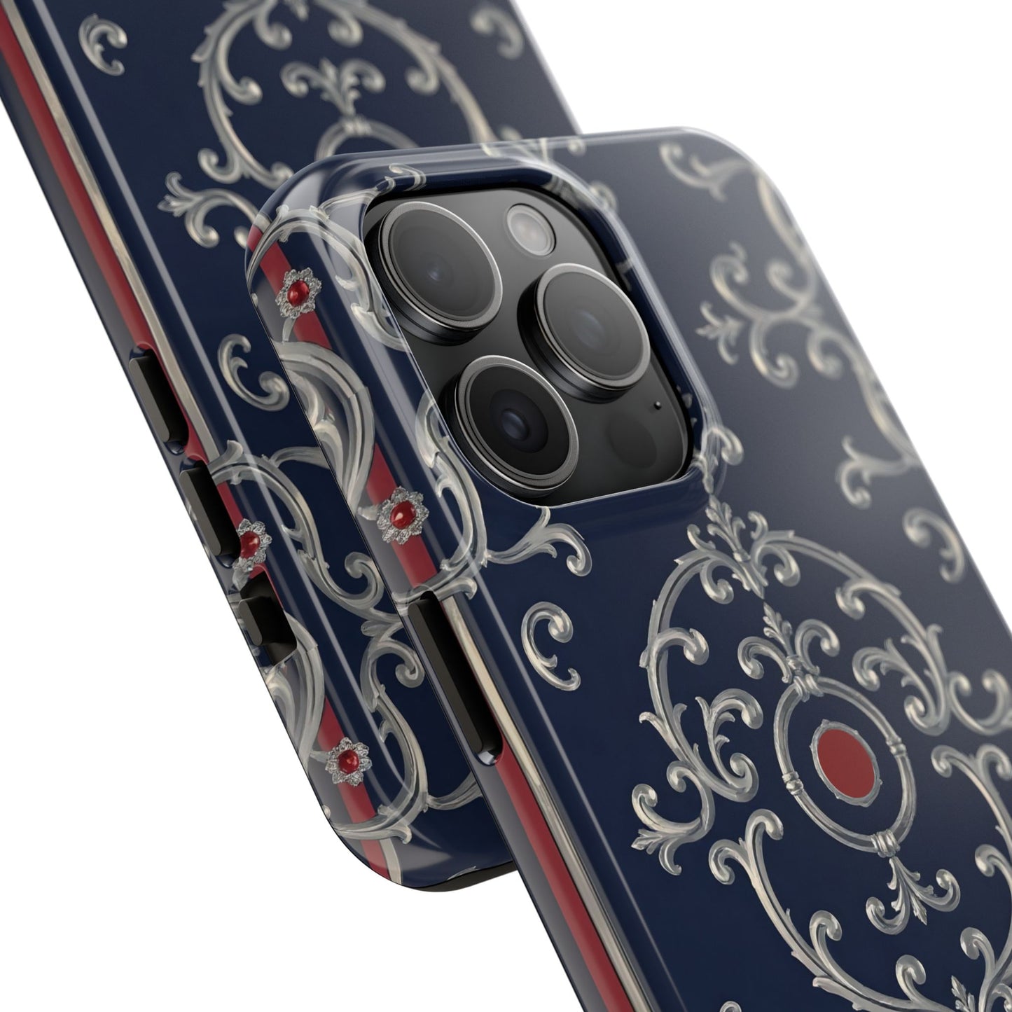 Elegant Patterned Tough Phone Cases for Stylish Protection, Gift for Her, Unique Accessories - Blue & Red Striped Silver Baroque