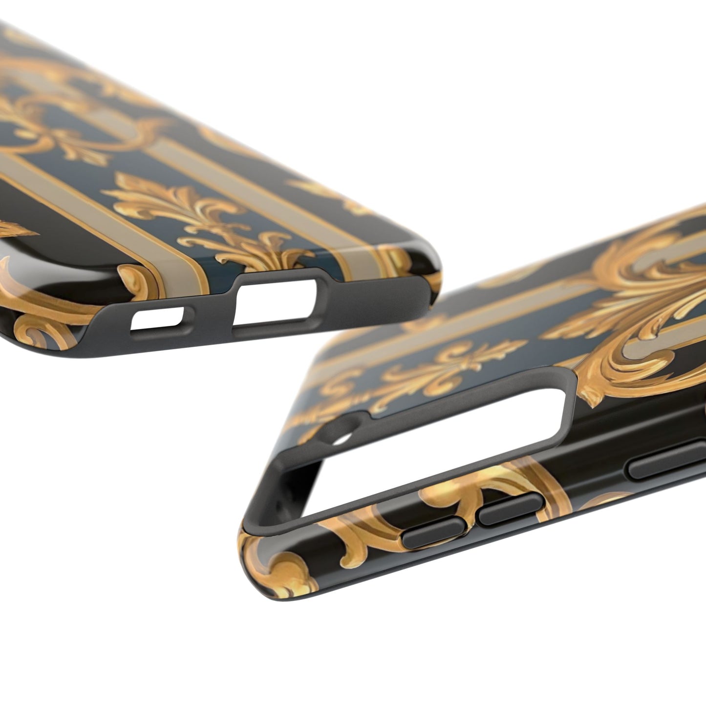 Elegant Rococo Phone Cases, Tough iPhone Case, Floral Design Case, Luxury Phone Cover - Blue & Black Striped Rococo