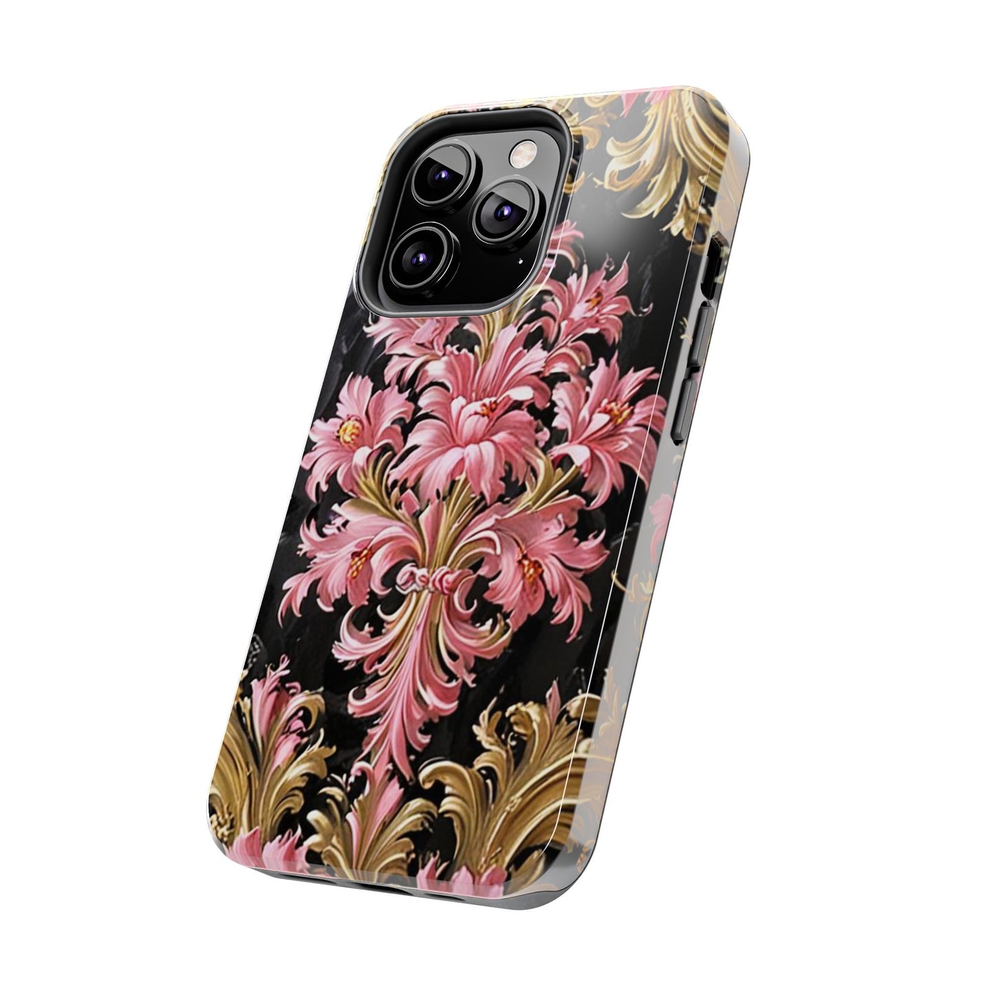 Elegant Floral Tough Phone Cases | Stylish Protection for Her | Gift for Birthdays - Black & Pink Oil Painting Style Rococo