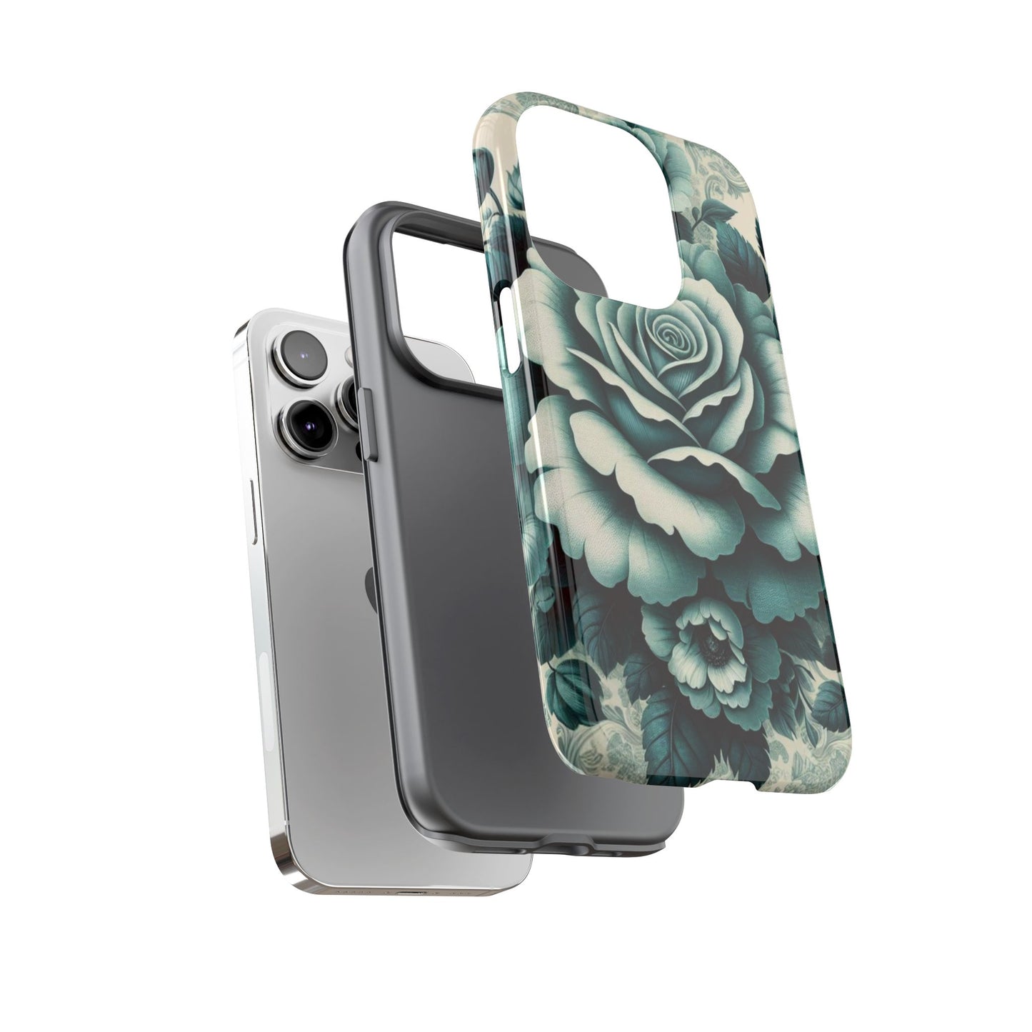 Elegant Floral Motif Phone Case - Tough Cases with Vintage Design - Teal Roses & Damask
