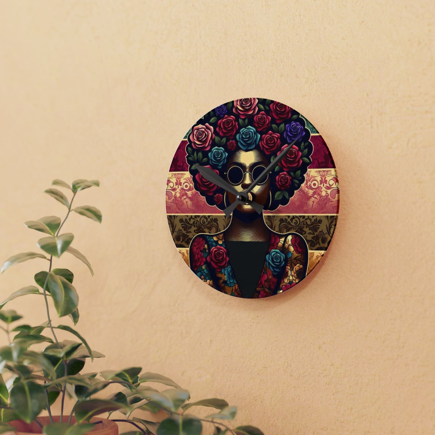 Bohemian Afro-Inspired Acrylic Wall Clock with Floral Design - Lady In Damask & Roses Design