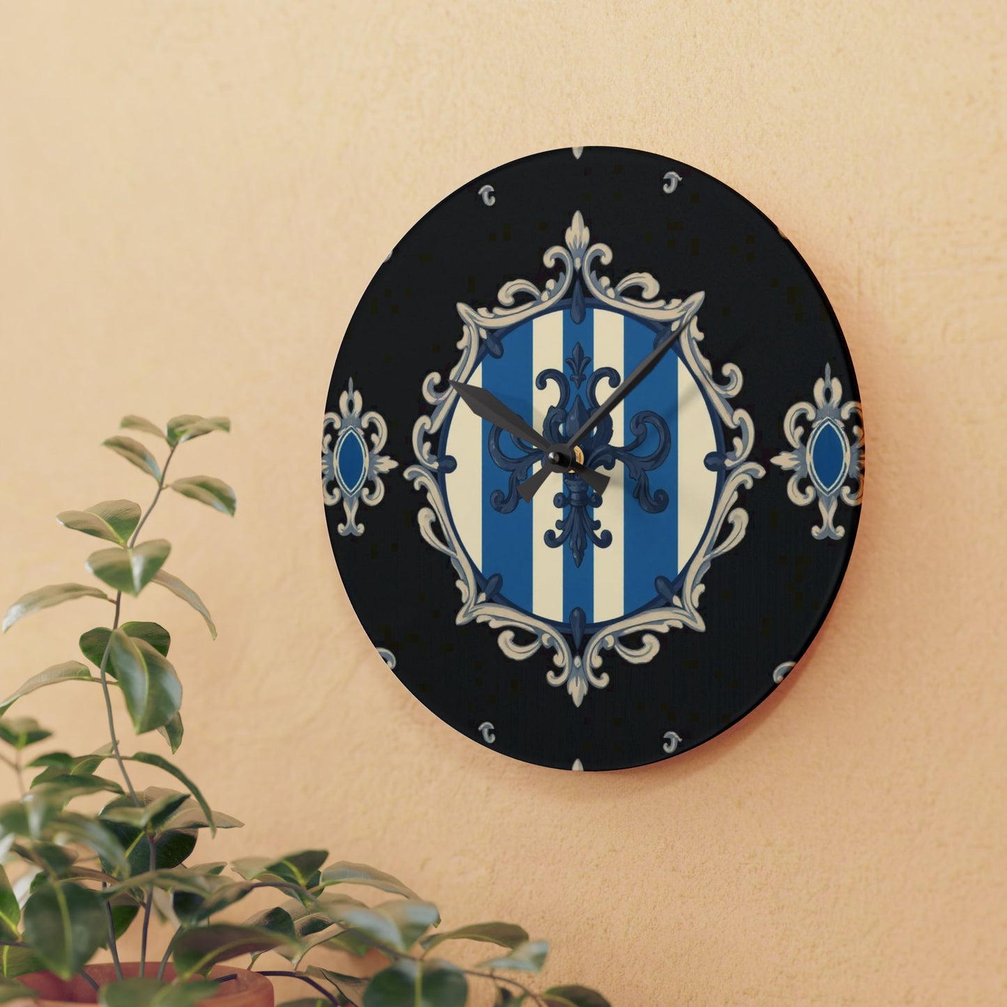 Elegant Blue Striped Baroque-Inspired Acrylic Wall Clock, Decorative Home Accessory, Unique Gift for Wedding, Housewarming, Stylish Decor