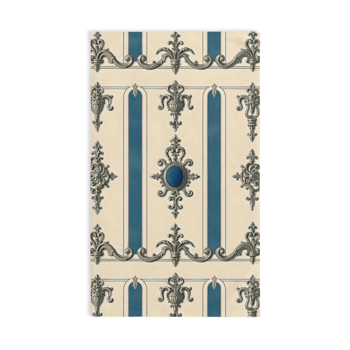 Elegant Vintage Hand Towel with Ornate Design - Alabaster & Ocean Blue Baroque