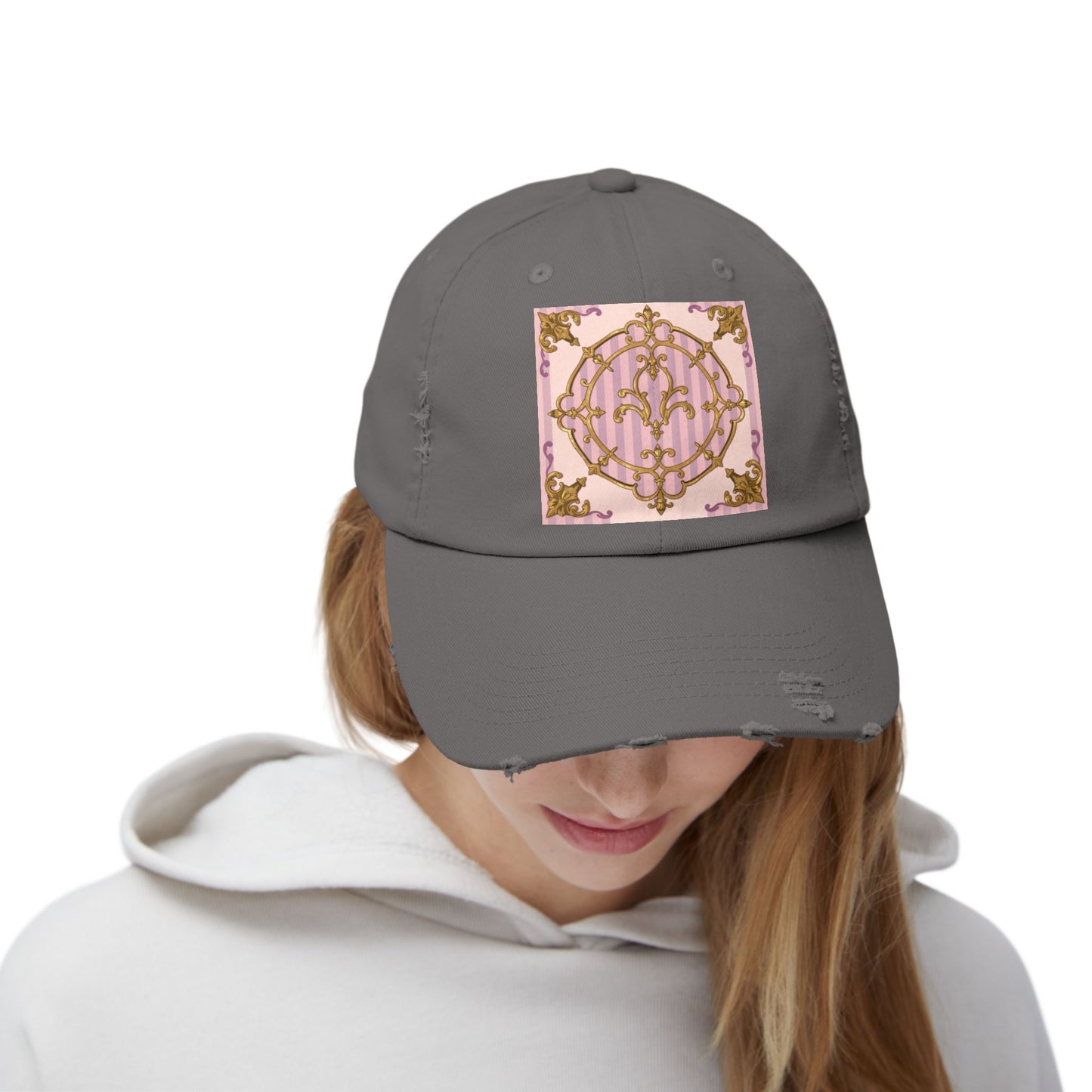Chic Distressed Cap with Elegant Lavender & Alabaster Striped Gold Baroque Design | Casual Style, Streetwear, Gift for Her, Unique Accessory