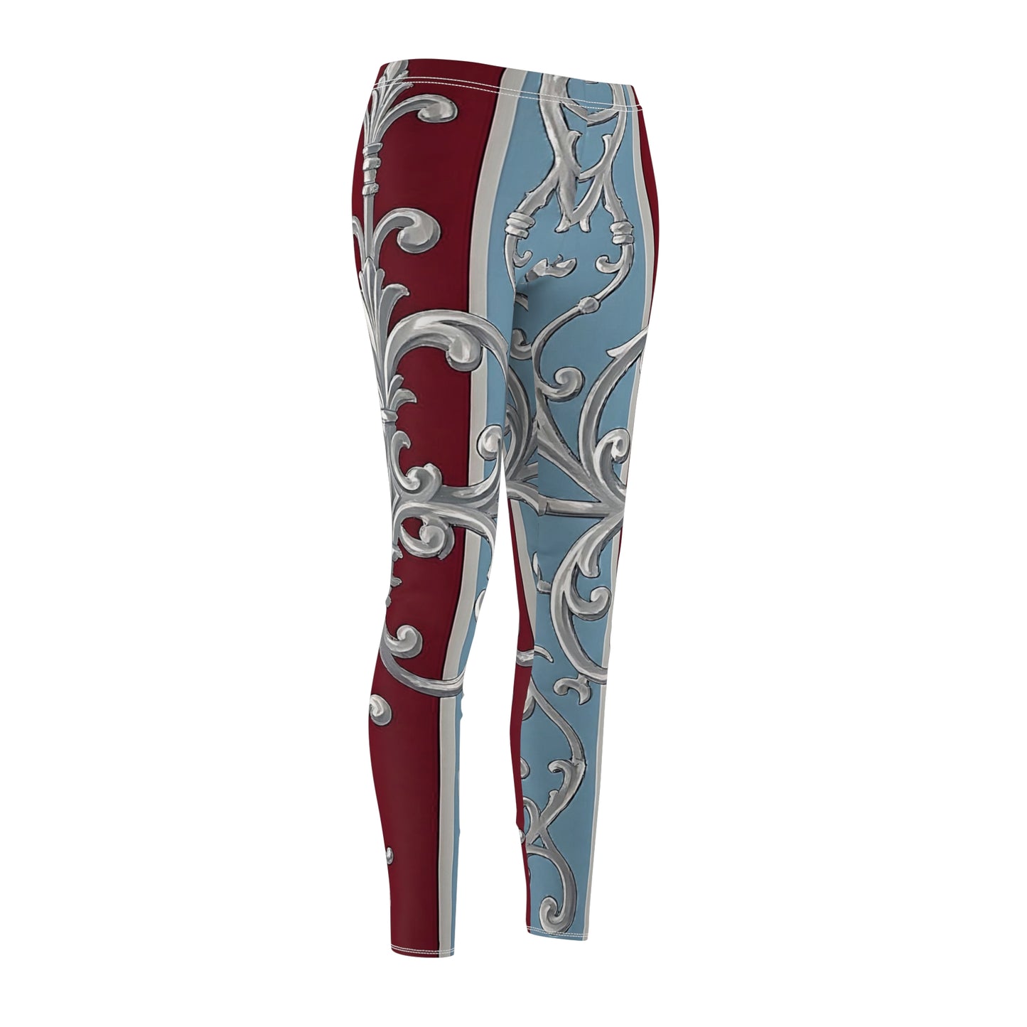 Elegant Floral Women's Leggings – Casual Comfort for Every Occasion - Ice Blue & Burgundy Striped Baroque