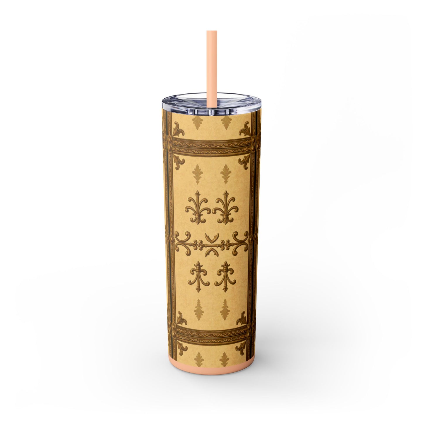 Elegant Vintage Skinny Tumbler, 20oz Insulated Drink Cup, Perfect for Home, Office, Gifts, Holidays, Travel - Matte Yellow Striped Antique Rococo