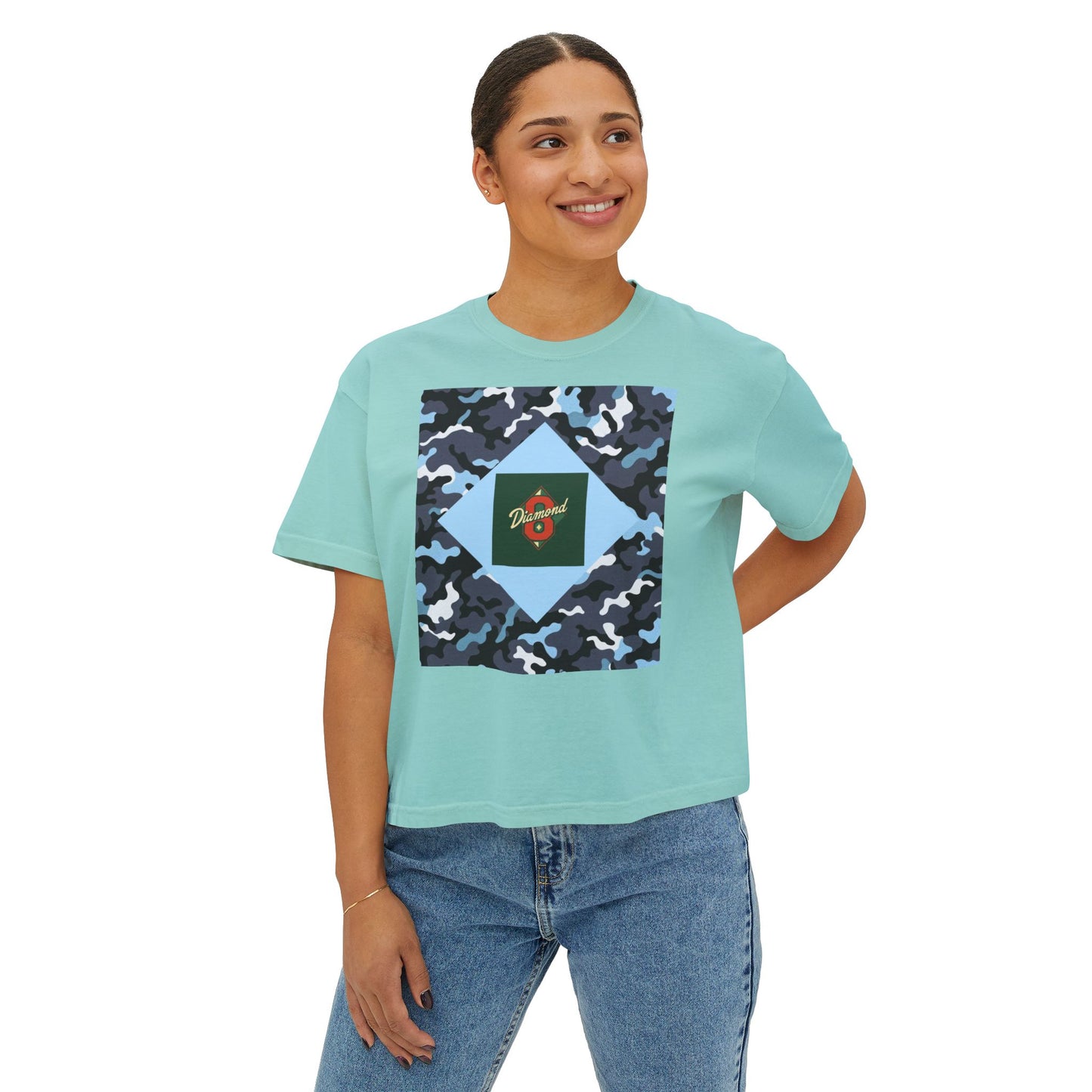 Camouflage Women's Boxy Tee, Casual Outfit, Relaxed Style Tee, Everyday Wear, Gift for Her, Comfortable Top - Blue Camo Diamond 8