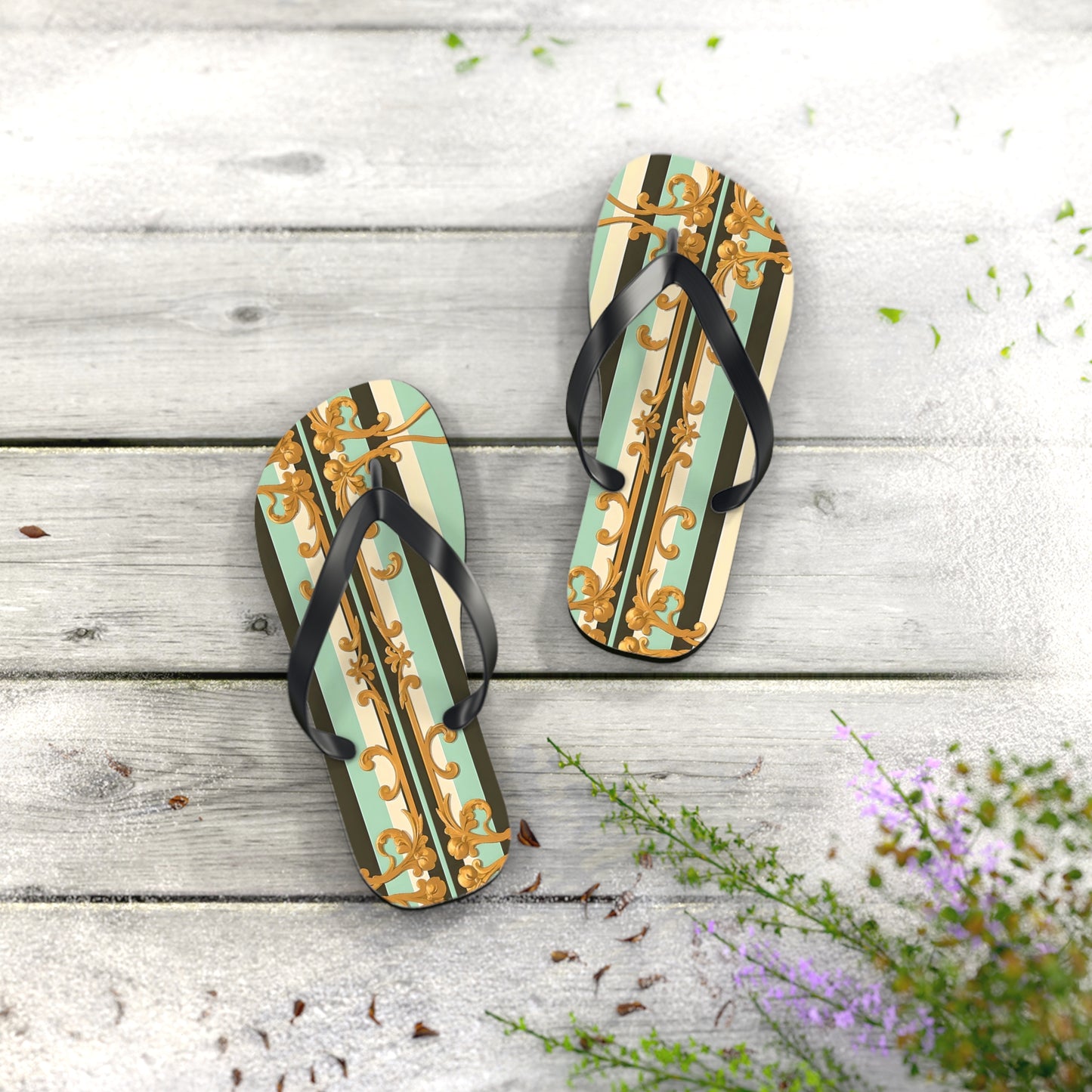 Elegant Patterned Flip Flops, Summer Sandals, Vacation Footwear, Beach Day Slippers, Festival Essentials - Black & Matte Mint Striped Rococo