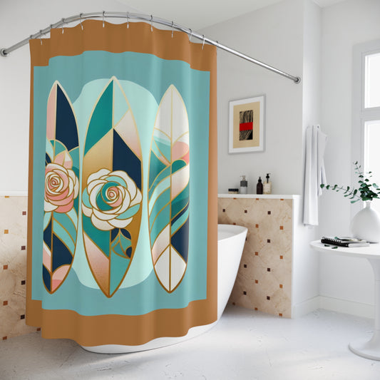 Vintage Floral Shower Curtain with Stripes - Elegant Home Decor - Blue, Pink & Aqua Surfboard & Roses Design
