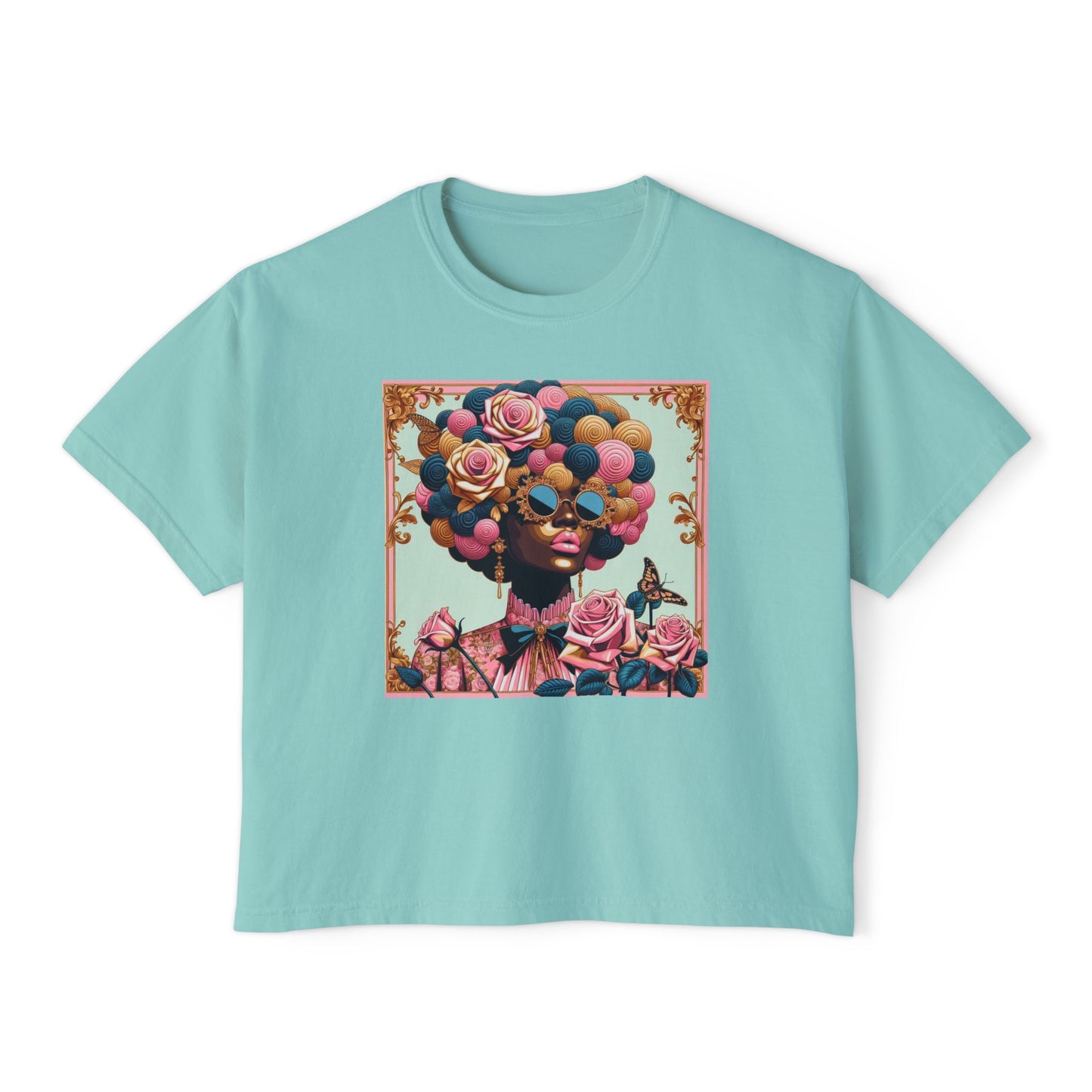 Colorful Afro Woman Boxy Tee, Feminine Graphic T-Shirt, Trendy Casual Wear, Gift for Her, Summer Outfit - Lady In Pink Baroque