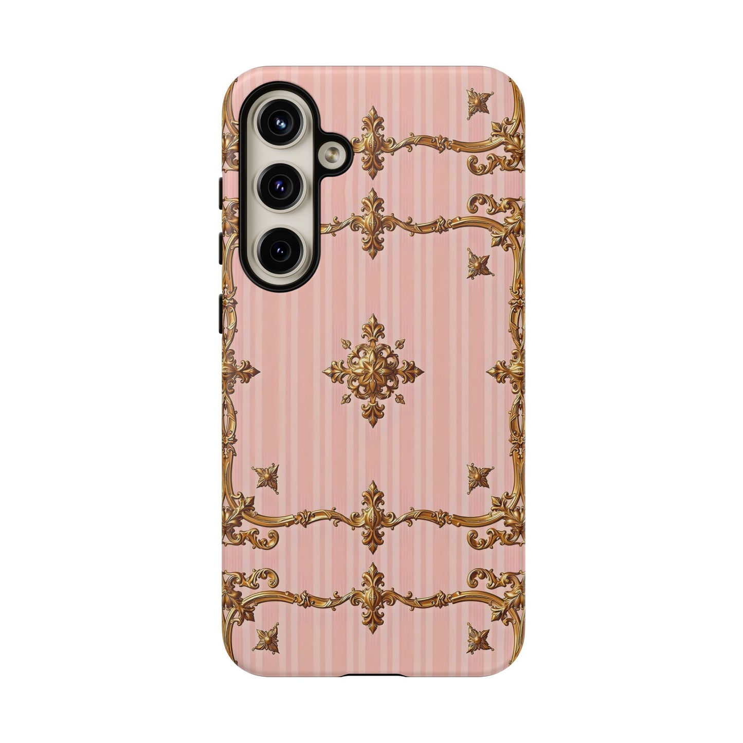Elegant Floral Phone Case, Tough Cases for Women, Trendy Phone Cover, Chic Gift - Pink Striped Gold Baroque