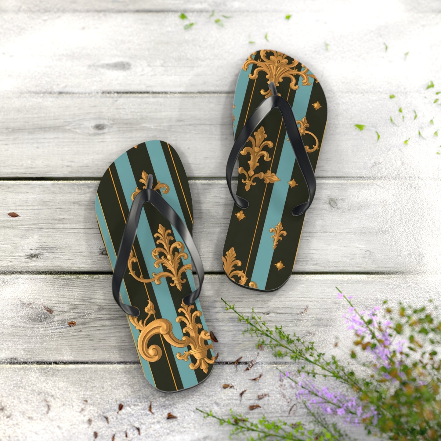 Elegant Striped Flip Flops, Stylish Beach Sandals, Summer Footwear, Vacation Essentials - Black & Turquoise Striped Baroque