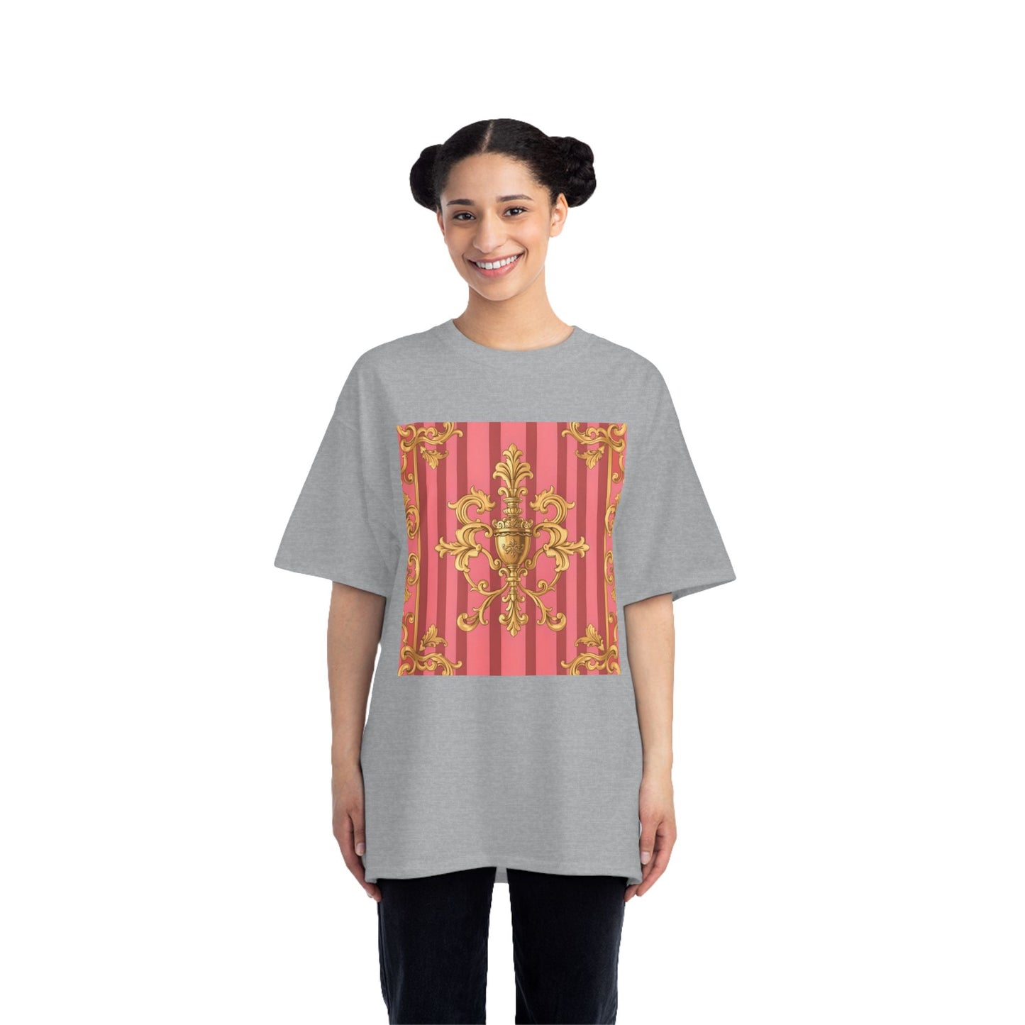 Chic Vintage Style Short-Sleeve T-Shirt - Elegant Baroque Design | Fashion Top, Gift for Her, Casual Wear - Pink Striped Gold Baroque