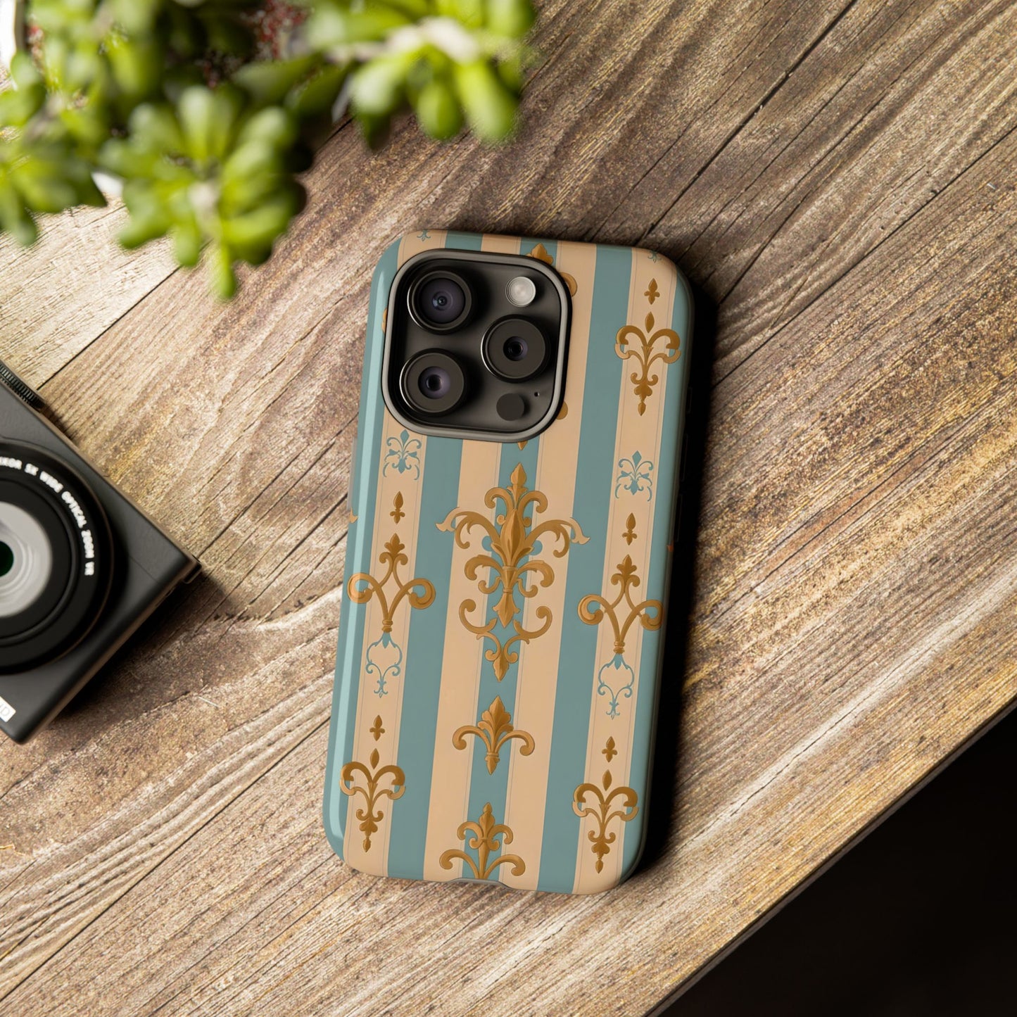 Elegant Floral Motif Phone Case - Tough Cases with Vintage Design -  Beige & Sky Blue Striped Gold Damask