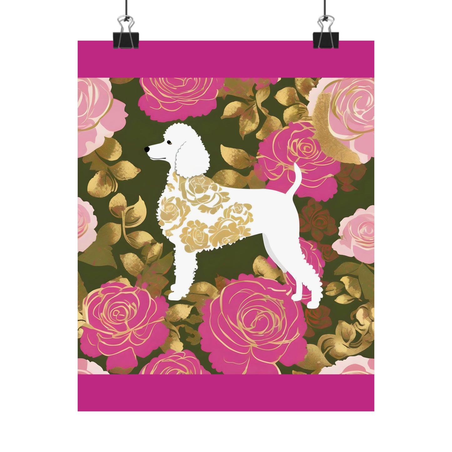 Vertical Poster - Elegant Matte Floral Art Wall Decor - Damask White Poodle and Pink Roses