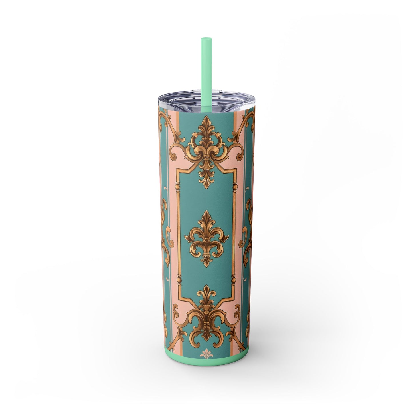 Elegant Floral Skinny Tumbler, 20oz Travel Mug, Stylish Drinkware, Perfect Gift for Her, Vintage Inspired - Pink & Matte Turquoise Striped Rococo