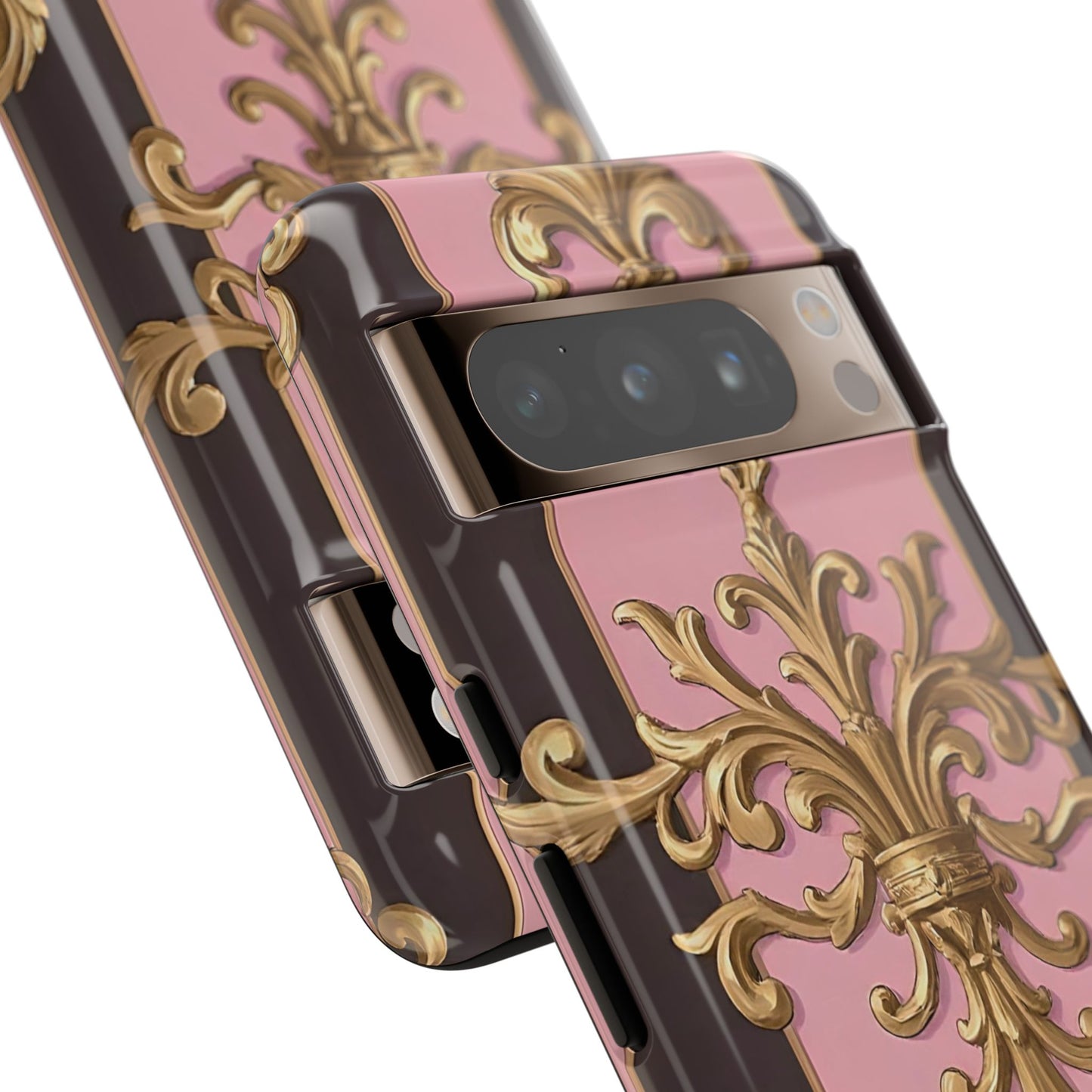 Elegant Floral Motif Phone Case - Tough Cases with Vintage Design - Pink & Brown Striped Gold Damask