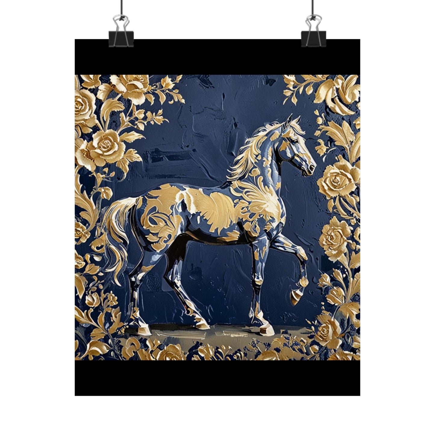 Floral Motif Art Poster - Elegant Matte Vertical Wall Decor - Midnight Blue & Gold Damask Horse