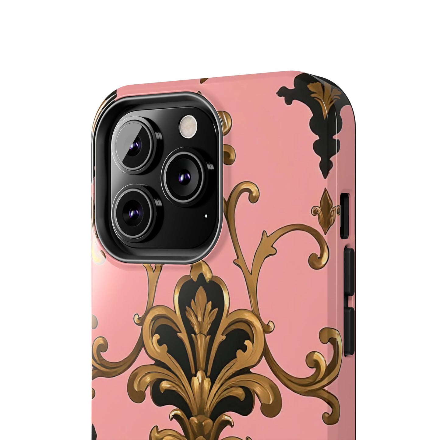 Chic Tough Phone Cases with Floral Design, Elegant Phone Cover, Durable Smartphone Case, Stylish Tech Accessory - Pink, Black & Gold Rococo