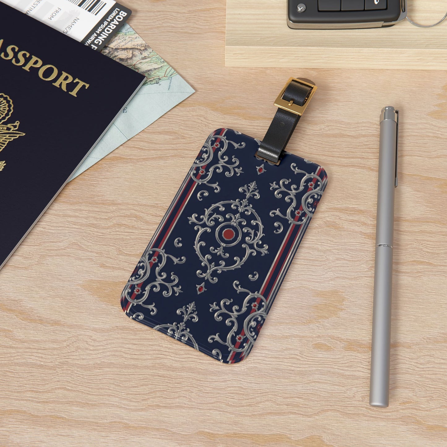 Elegant Vintage Pattern Luggage Tag | Travel Accessory, Personalized Gift, Adventure Essentials, Stylish Travel ID - Blue & Red Silver Baroque