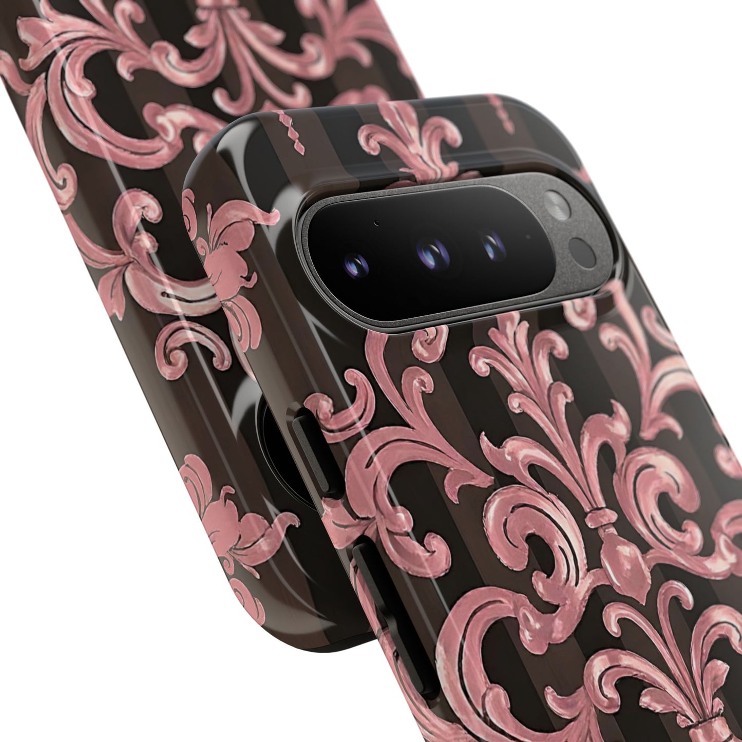 Elegant Floral Motif Phone Case - Tough Cases with Vintage Design - Brown Striped Mauve Damask