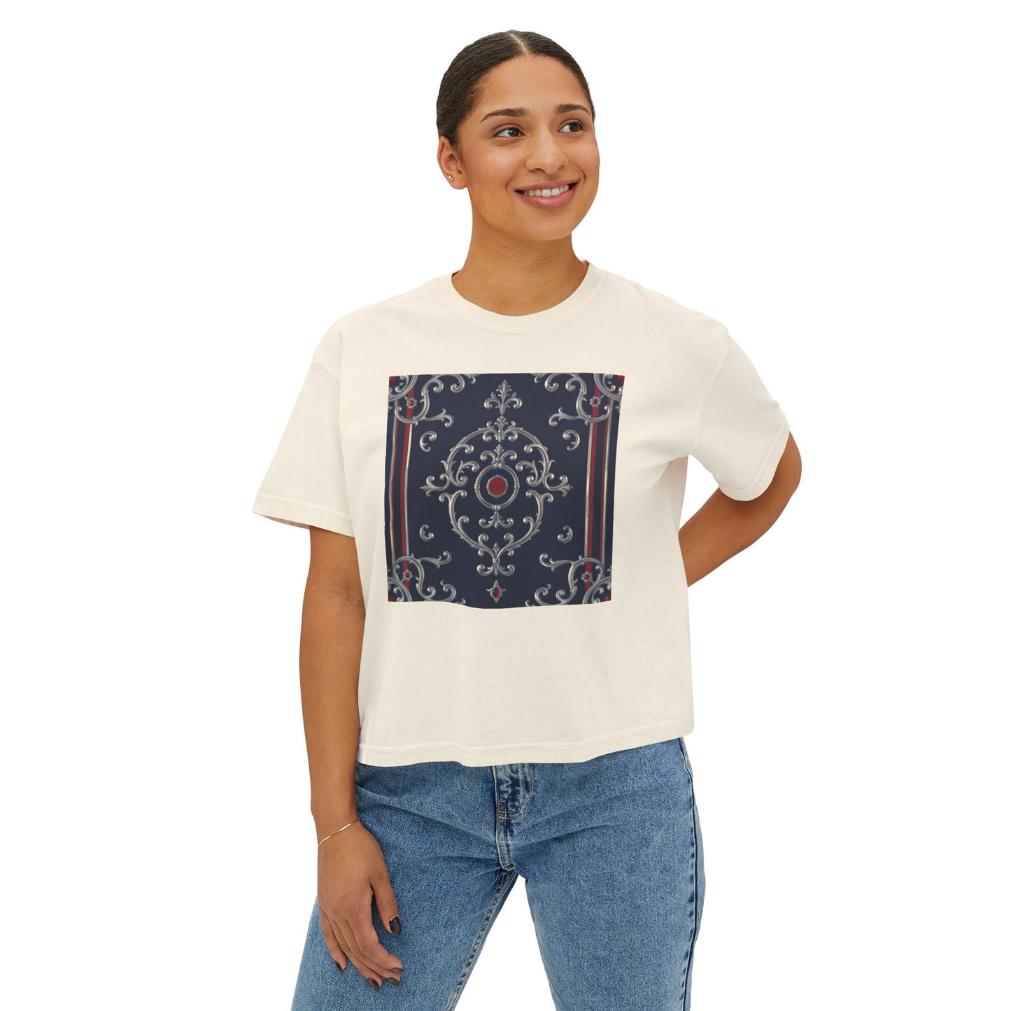 Chic Women's Boxy Tee with Vintage-Inspired Design, Casual Top, Everyday Wear, Gift for Her - Blue & Red Striped Silver Baroque