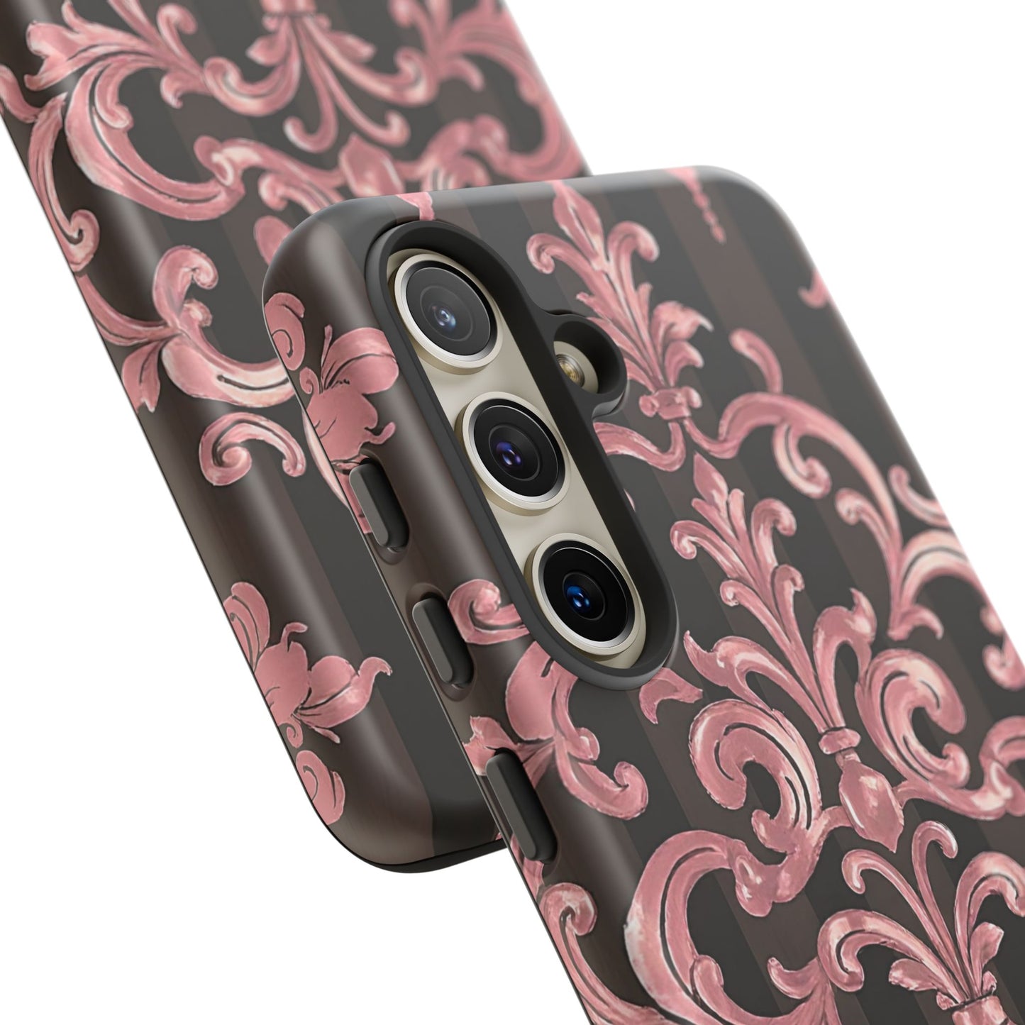 Elegant Floral Motif Phone Case - Tough Cases with Vintage Design - Brown Striped Mauve Damask