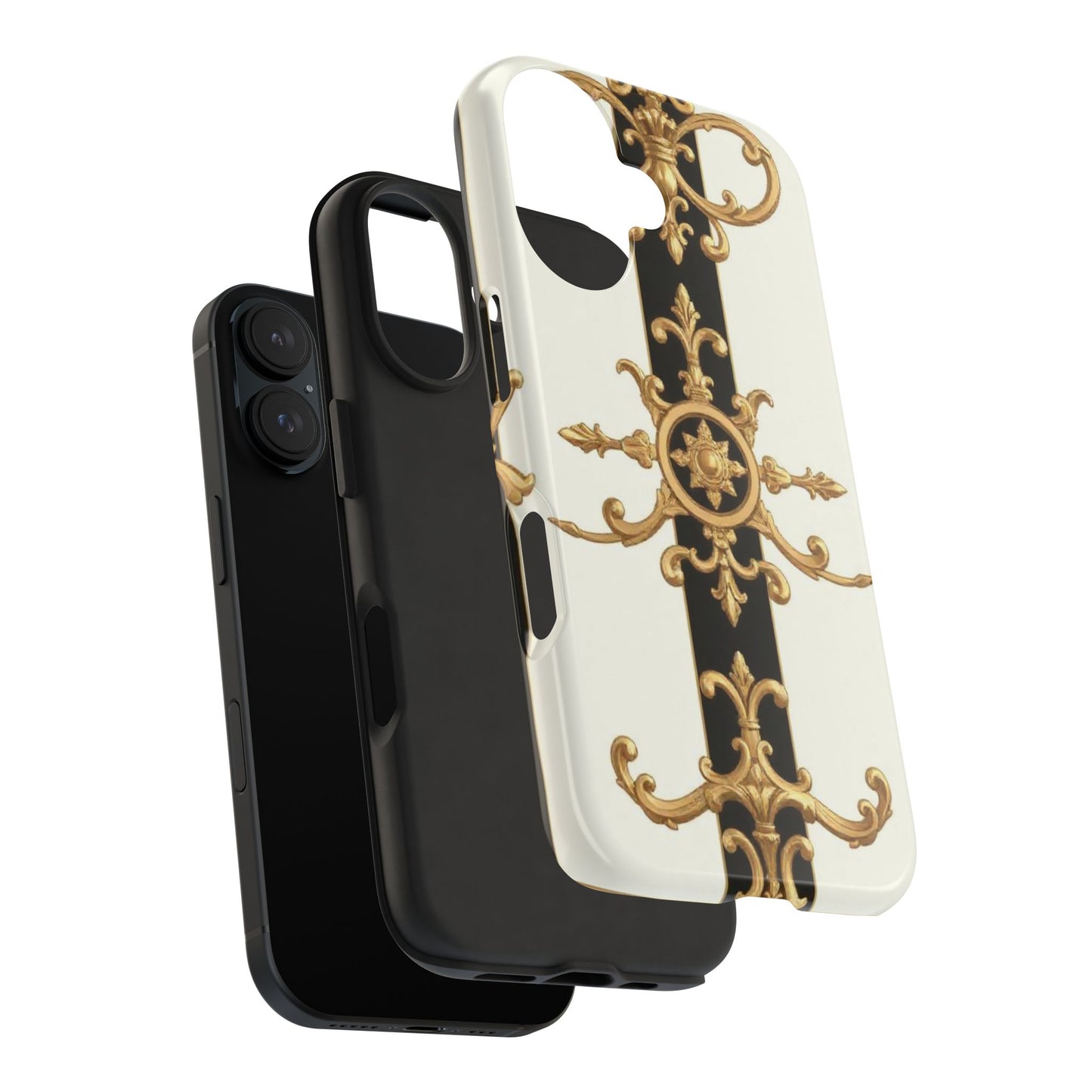 Elegant Baroque Tough Phone Case | Stylish Protection for Your Device, Gift for Her, Phone Accessories - Black & White Striped Gold Baroque