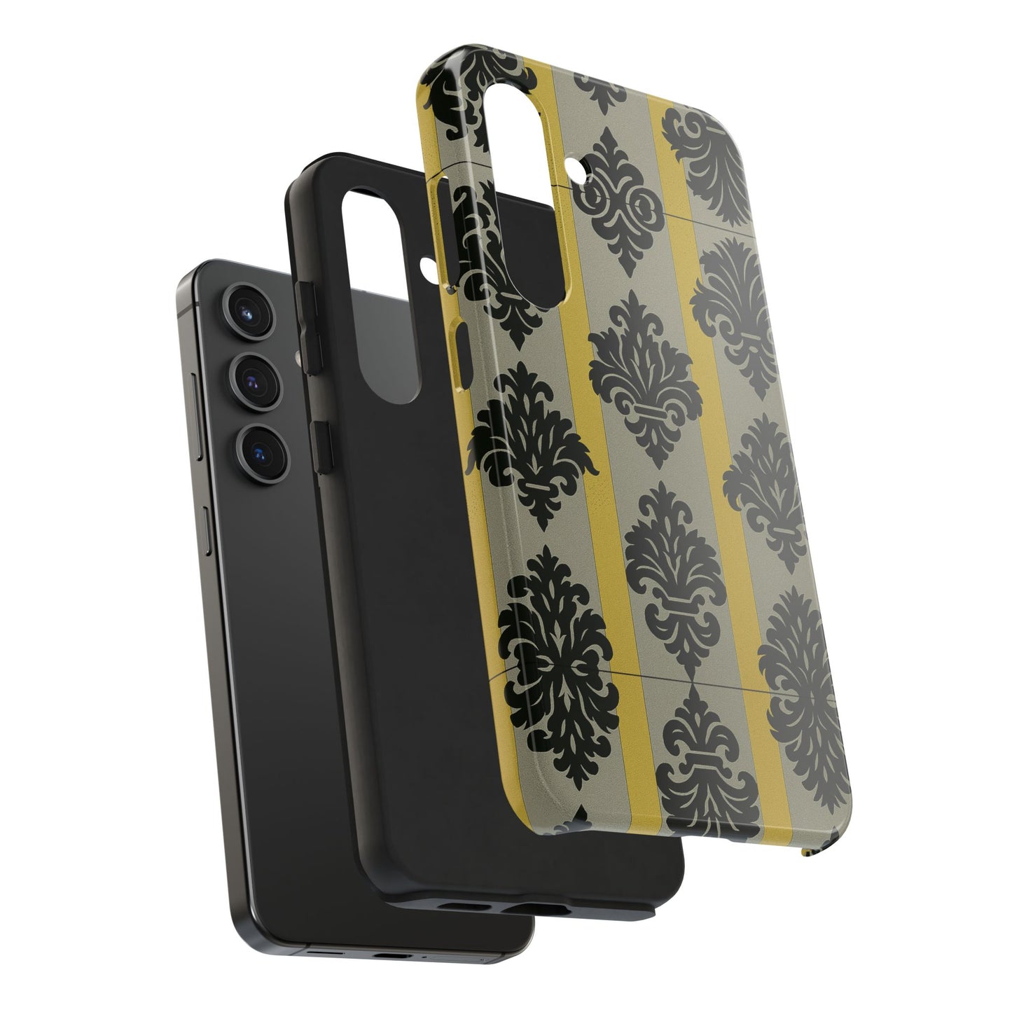 Elegant Baroque Tough Phone Cases | Chic Phone Protection | Gift for Her | Stylish Accessory | Holiday Gift Idea | Silver & Gold Striped Black Baroque