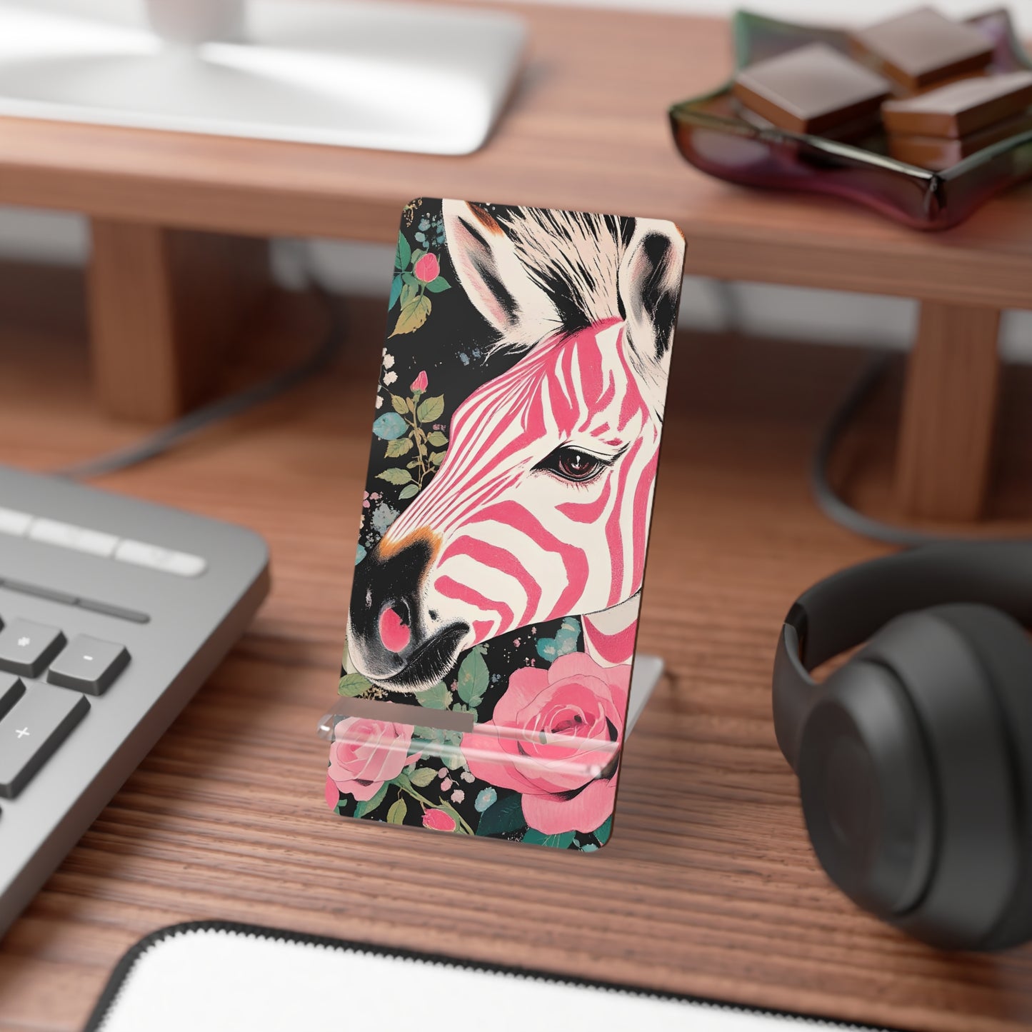 Elegant Floral Smartphone Display Stand - Pink & White Zebra - Decorative Mobile Holder