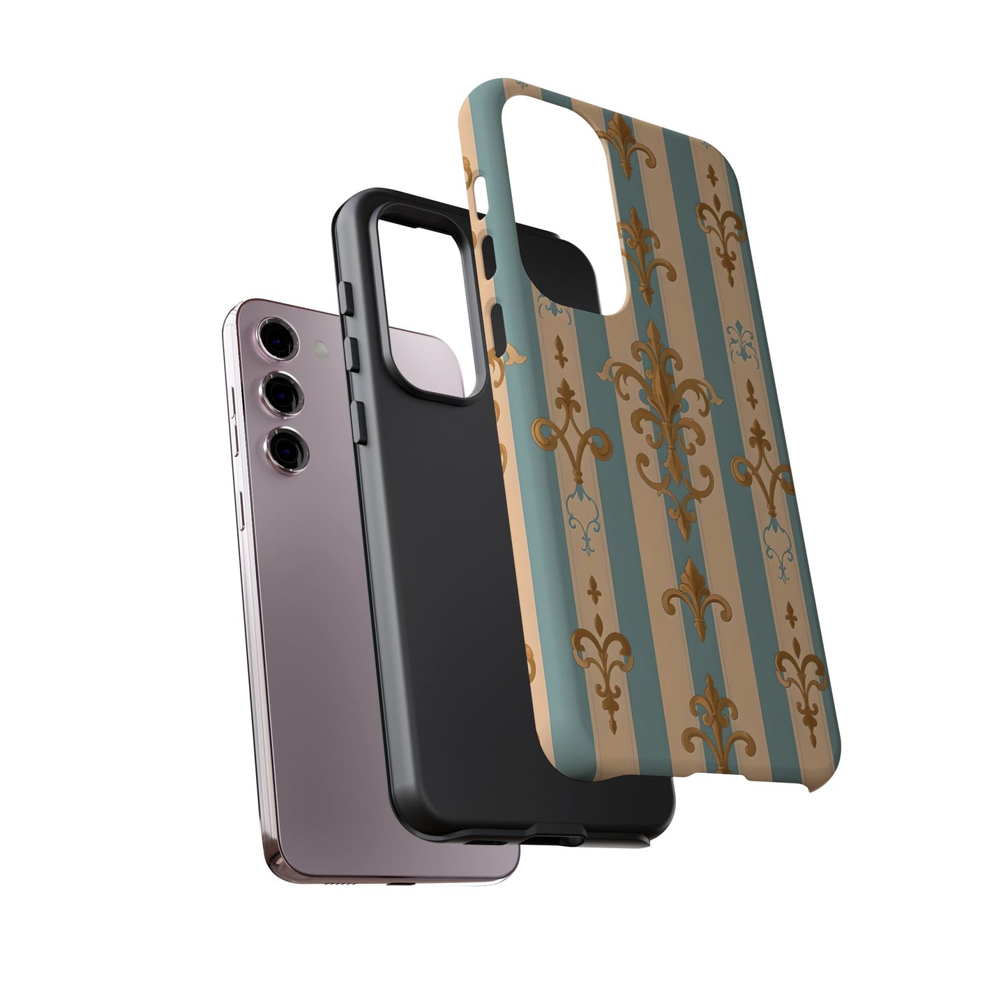 Elegant Floral Motif Phone Case - Tough Cases with Vintage Design -  Beige & Sky Blue Striped Gold Damask