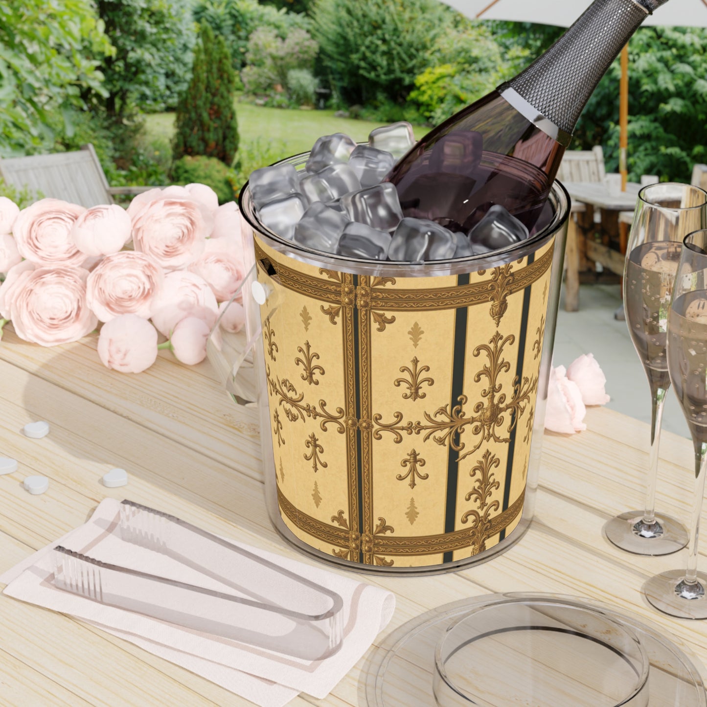 Elegant Vintage Ice Bucket with Tongs, Perfect for Parties, Weddings, Home Bars, Unique Gift for Ice Lovers - Matte Yellow Striped Antique Rococo