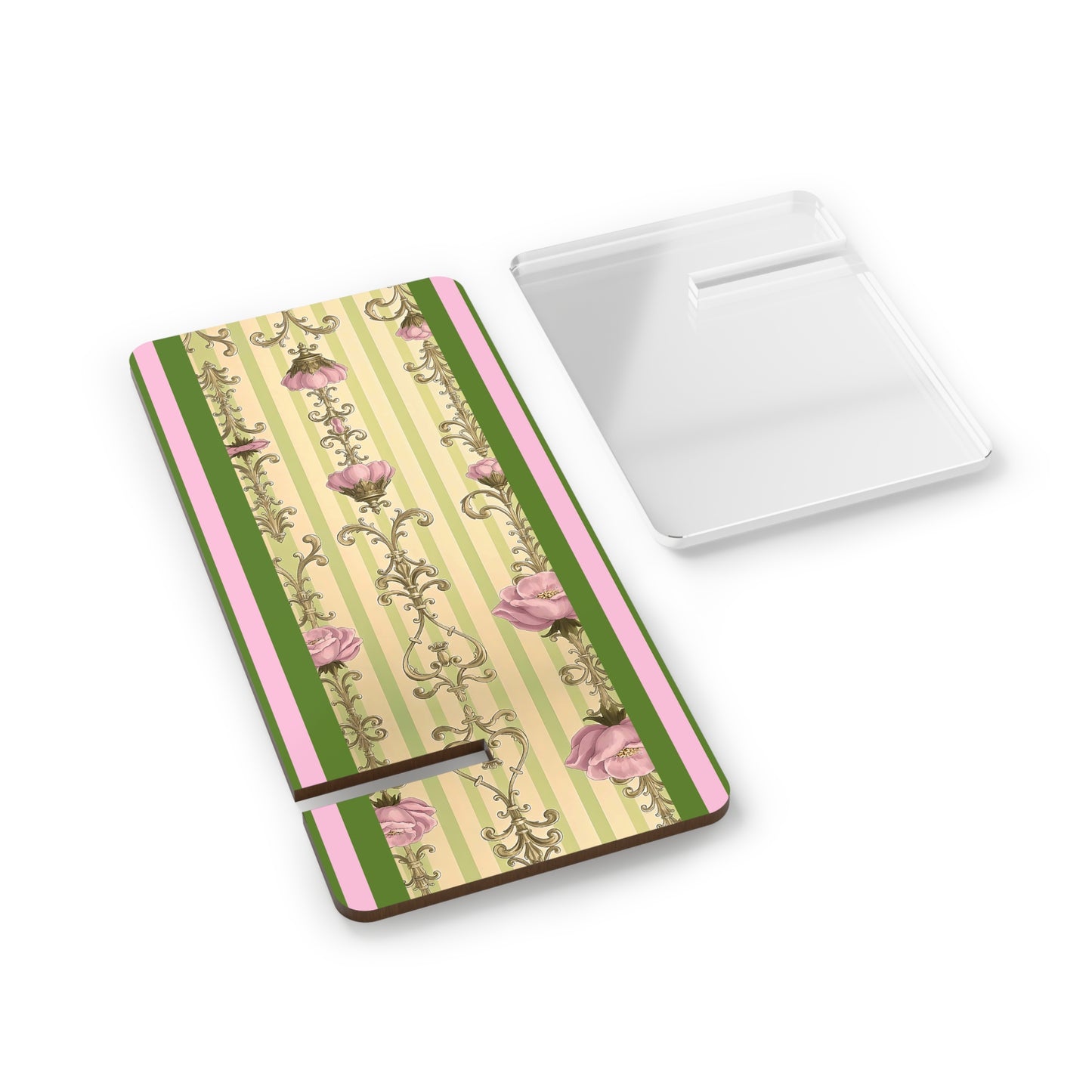Elegant Floral Motif Smartphone Display Stand - Lime Green & Pink Striped Damask - Decorative Mobile Holder