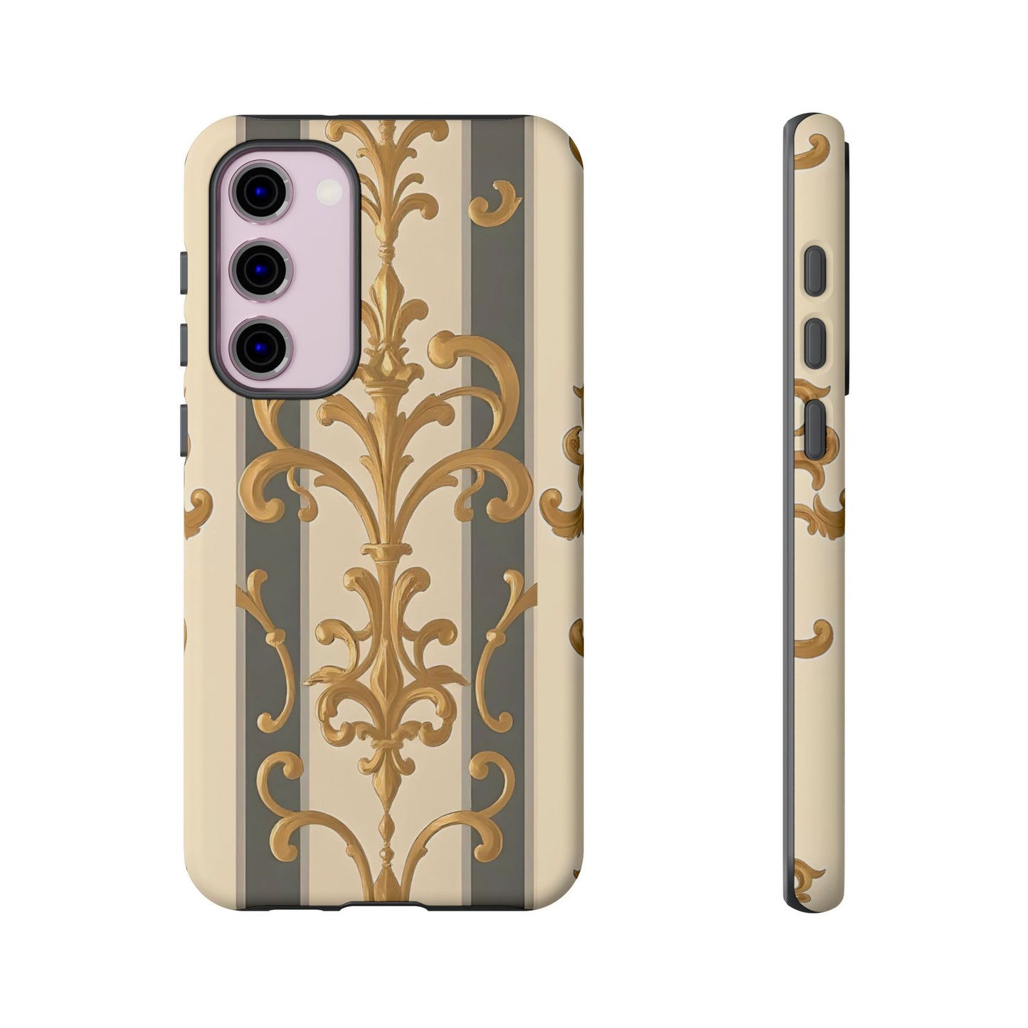 Elegant Floral Motif Phone Case - Tough Cases with Vintage Design - Dusk Olive Striped Gold Damask