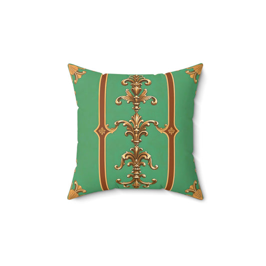 Elegant Faux Suede Square Pillow with Vintage Gold Design - Rust & Green Striped Baroque