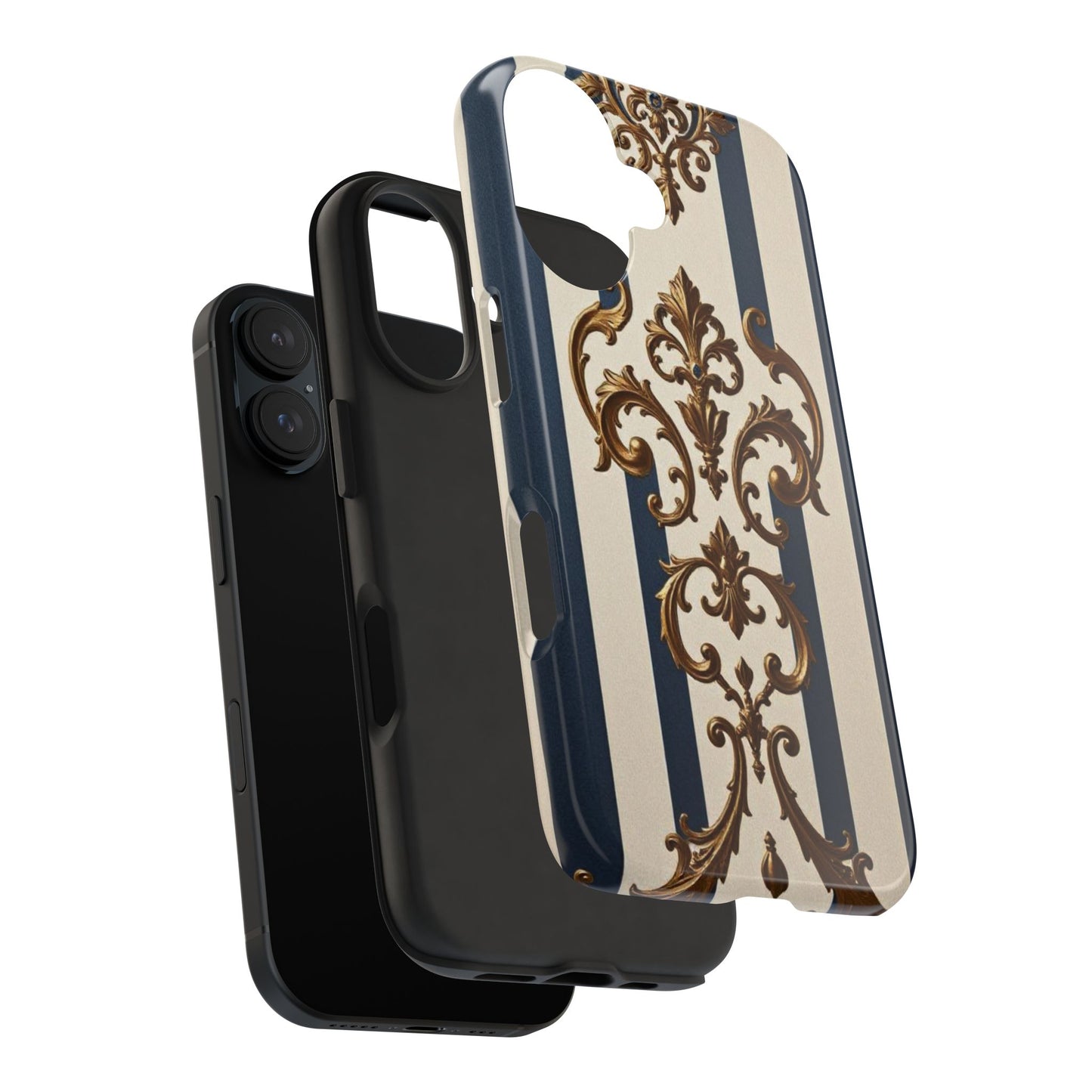 Damask Tough Phone Case - Alabaster & Blue Striped Damask