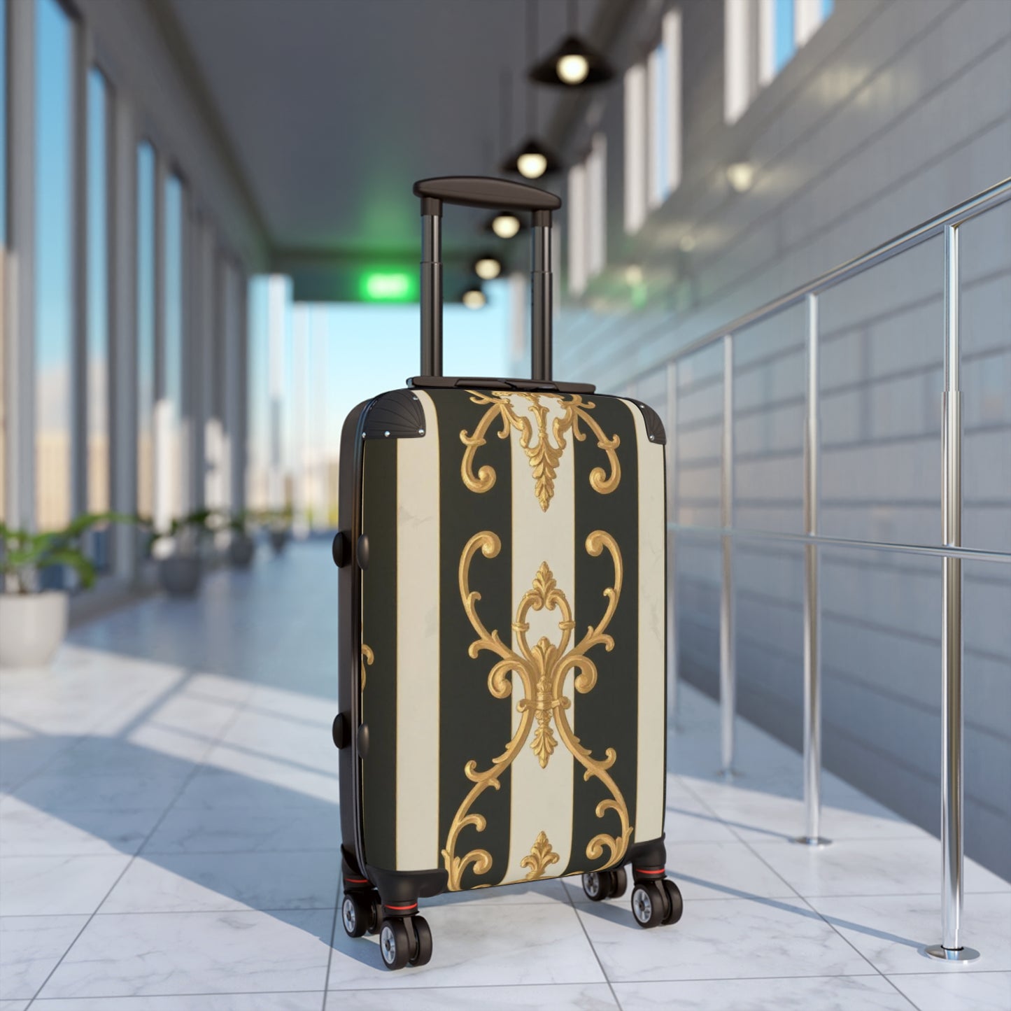 Stylish Black & Alabaster Striped Baroque Suitcase with Elegant Design, Travel Bag, Luggage, Vacation Accessories, Fashionable Carry-On