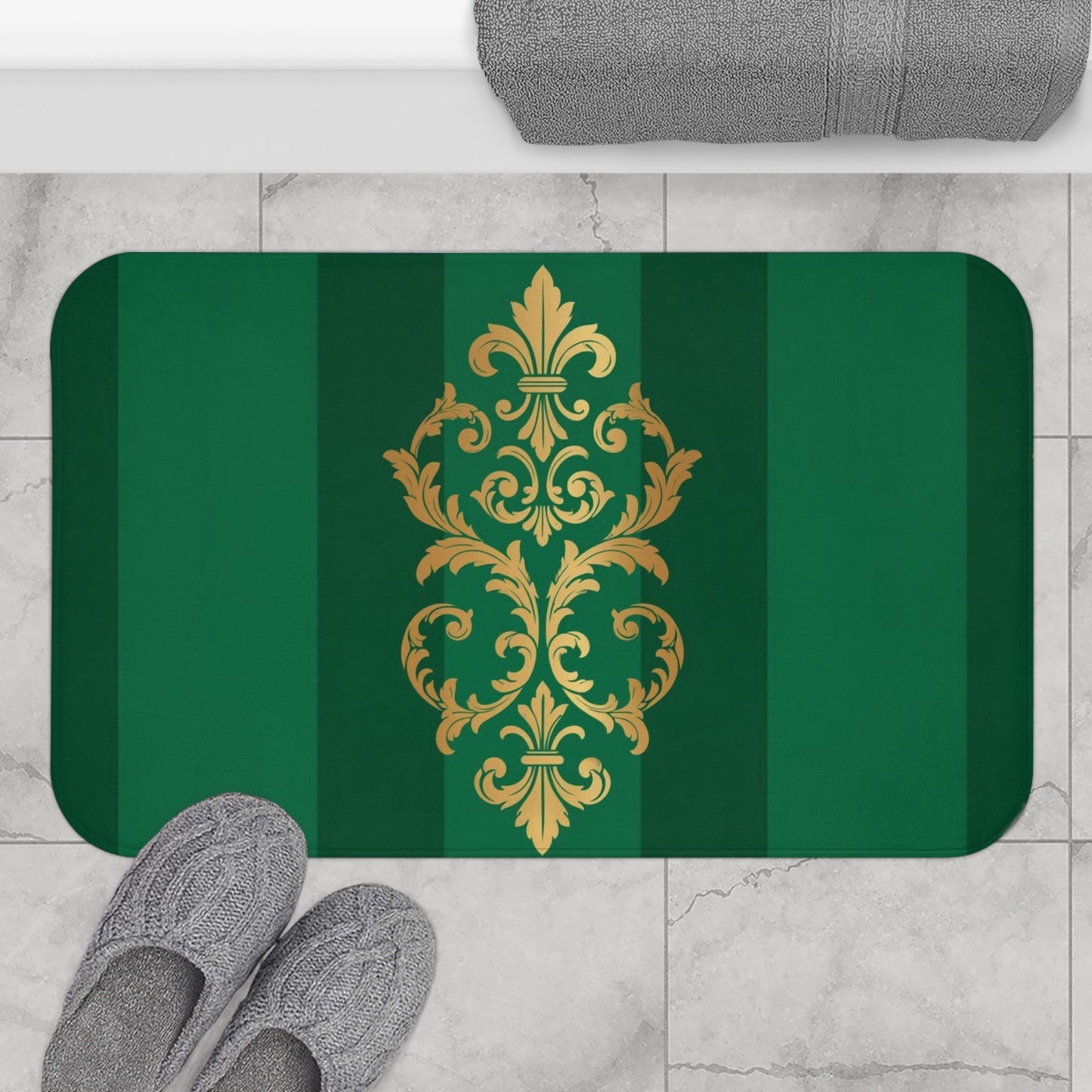 Green Striped Gold Baroque Bath Mat — Luxe Decorative Bathroom Rug