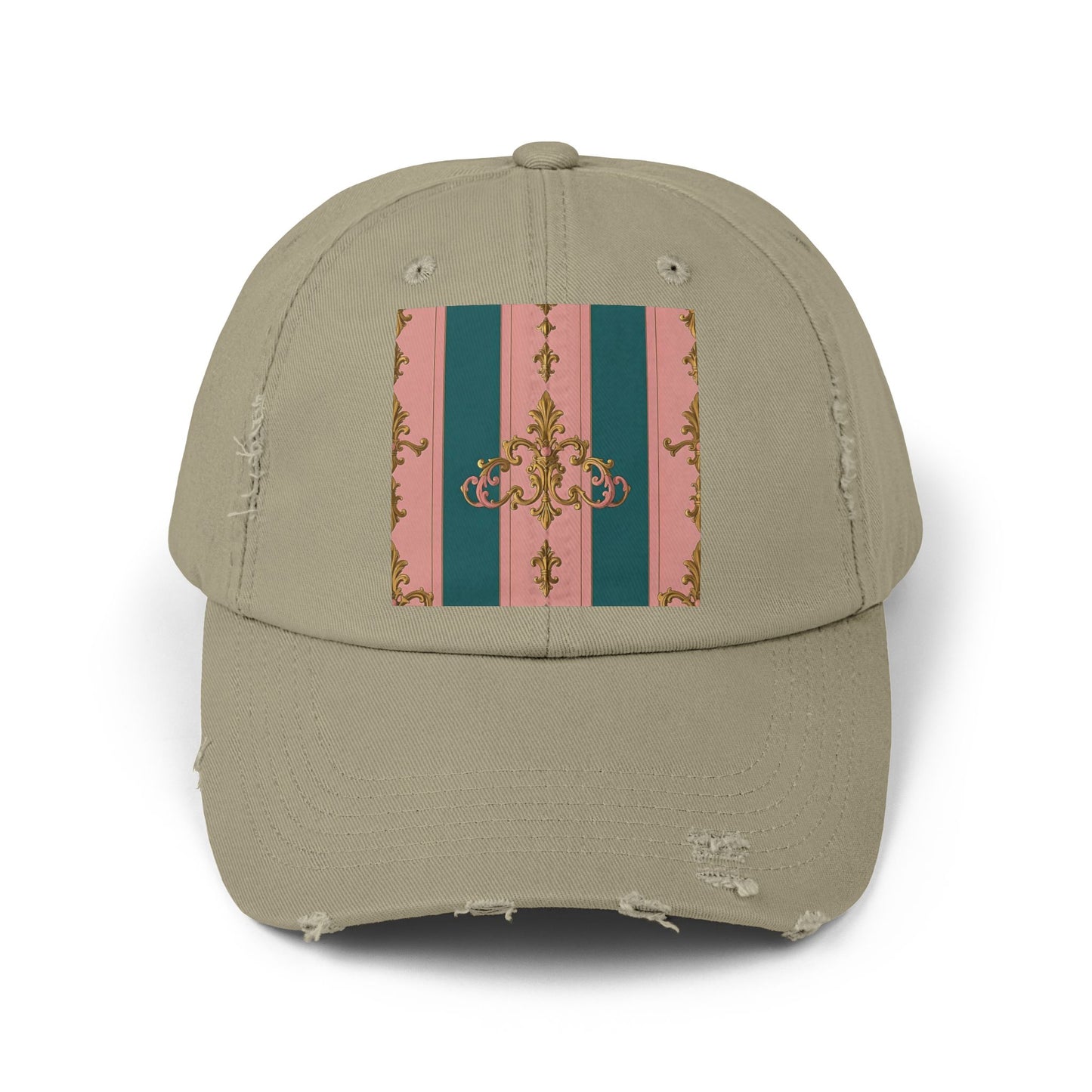 Chic Vintage Distressed Cap, Trendy Unisex Baseball Hat, Fashionable Everyday Wear - Pink & Teal Striped Gold Baroque
