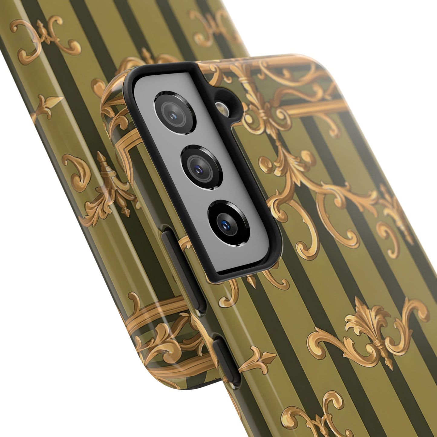 Elegant Vintage Phone Case - Tough Protection with Classy Design, Stylish Phone Cover for Fashion Lovers - Olive Green Striped Rococo